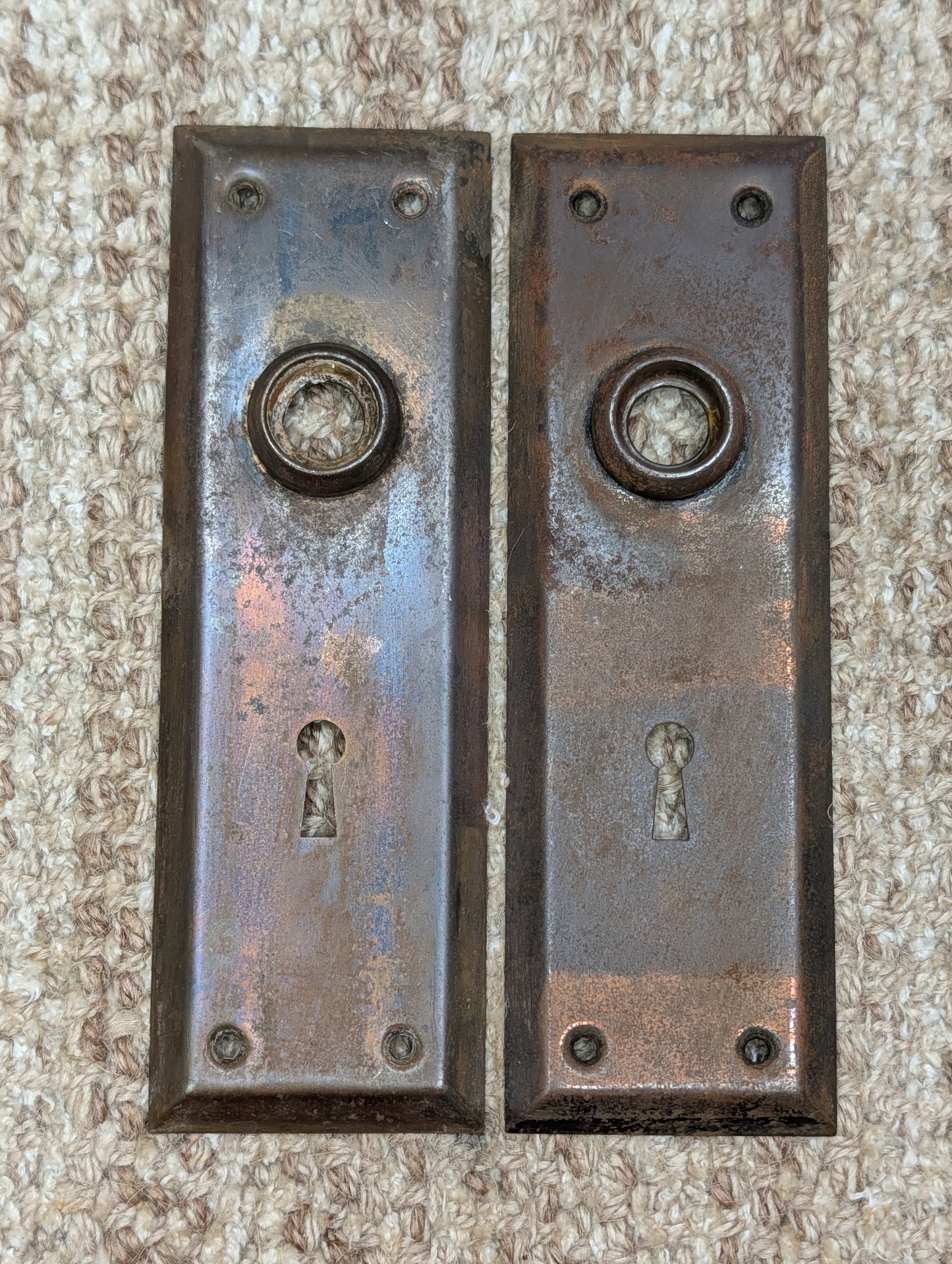 Pair 2 1/4" x 7" Antique Stamped Steel Door Knob Plates