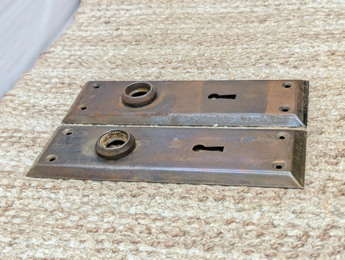 Pair 2 1/4" x 7" Antique Stamped Steel Door Knob Plates