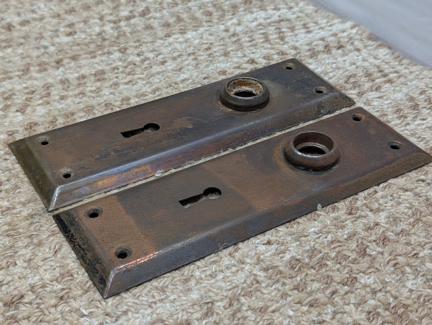 Pair 2 1/4" x 7" Antique Stamped Steel Door Knob Plates
