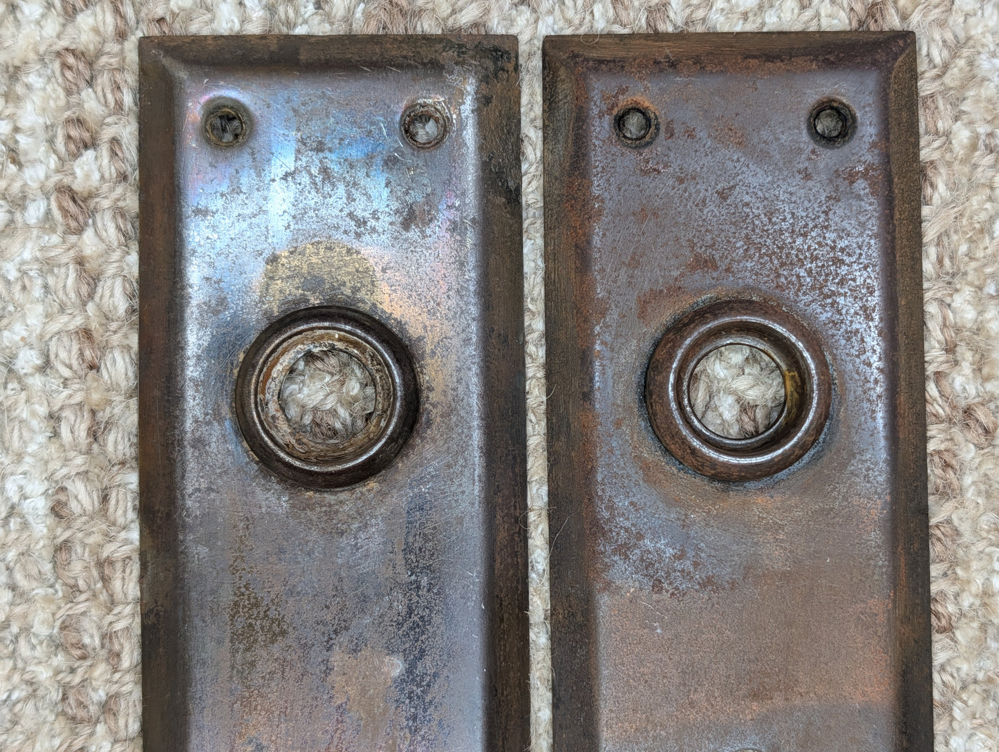 Pair 2 1/4" x 7" Antique Stamped Steel Door Knob Plates