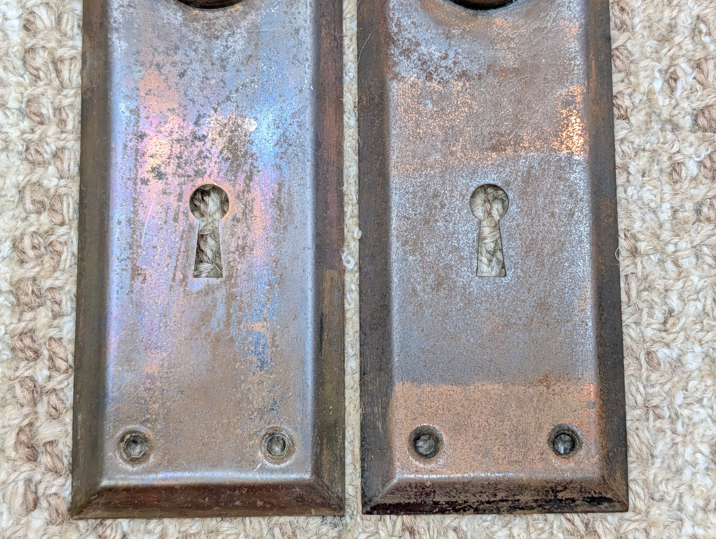 Pair 2 1/4" x 7" Antique Stamped Steel Door Knob Plates