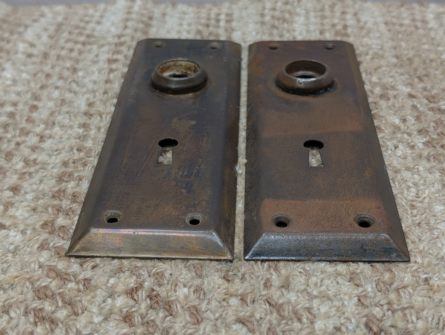 Pair 2 1/4" x 7" Antique Stamped Steel Door Knob Plates