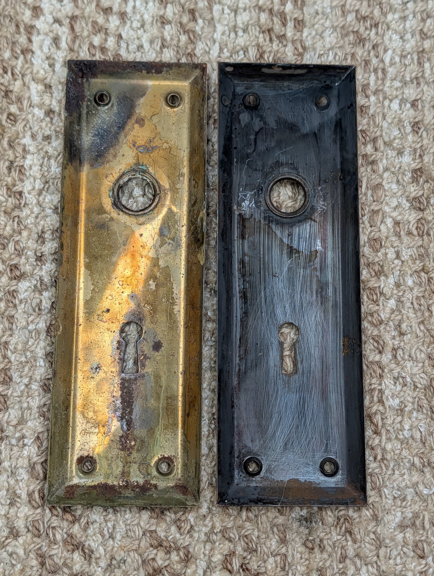 Pair 2 1/4" x 7" Antique Stamped Steel Door Knob Plates