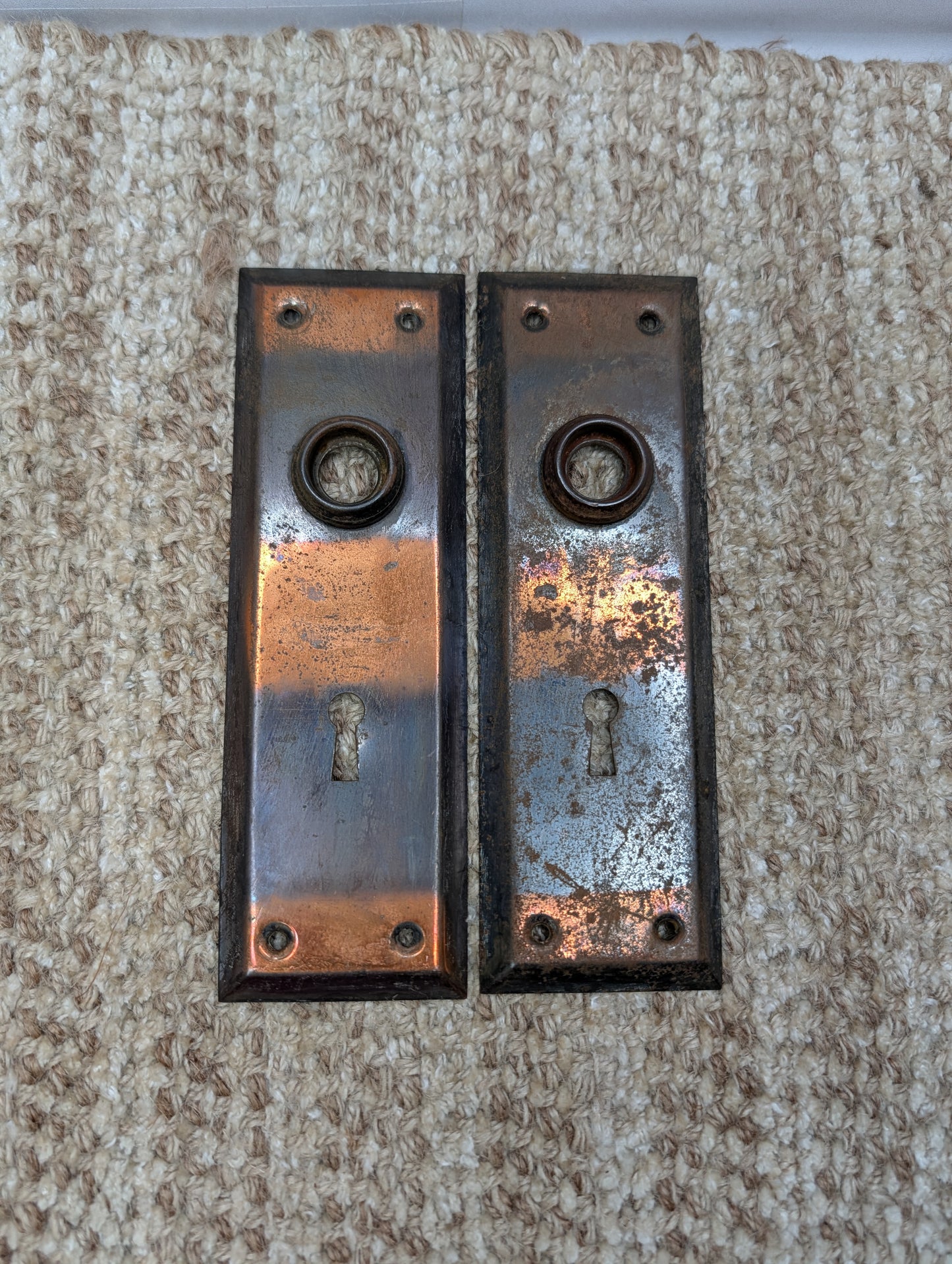 Pair 2 1/4" x 7" Antique Japanned Stamped Steel Door Knob Plates