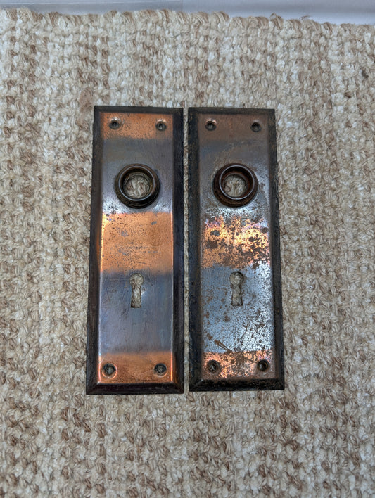 Pair 2 1/4" x 7" Antique Japanned Stamped Steel Door Knob Plates