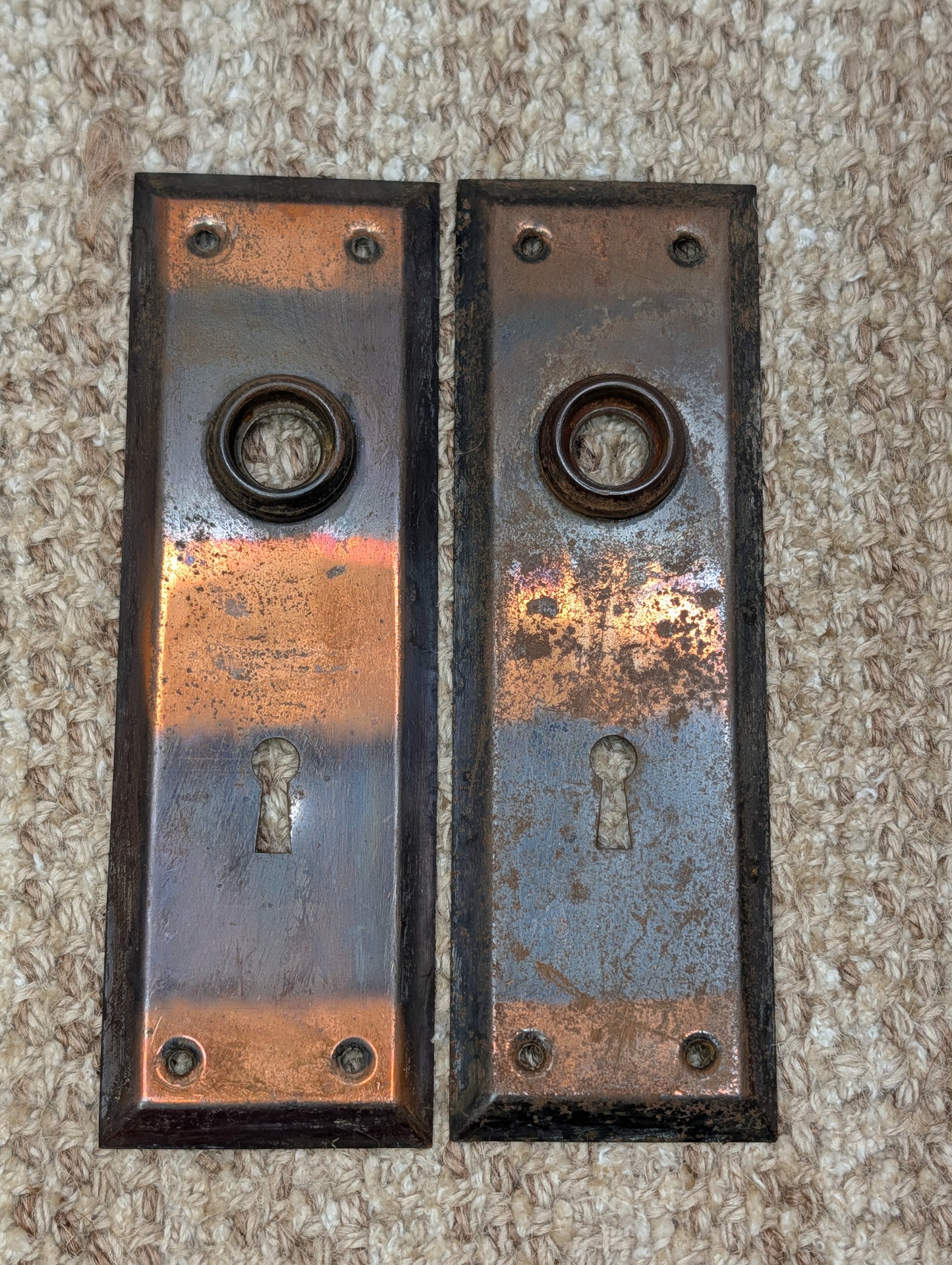 Pair 2 1/4" x 7" Antique Japanned Stamped Steel Door Knob Plates