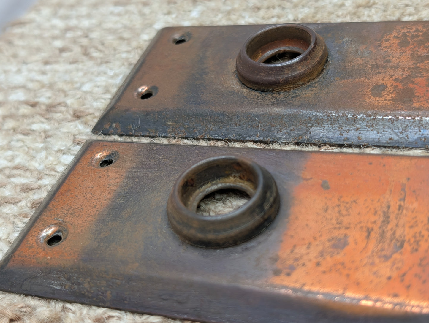 Pair 2 1/4" x 7" Antique Japanned Stamped Steel Door Knob Plates