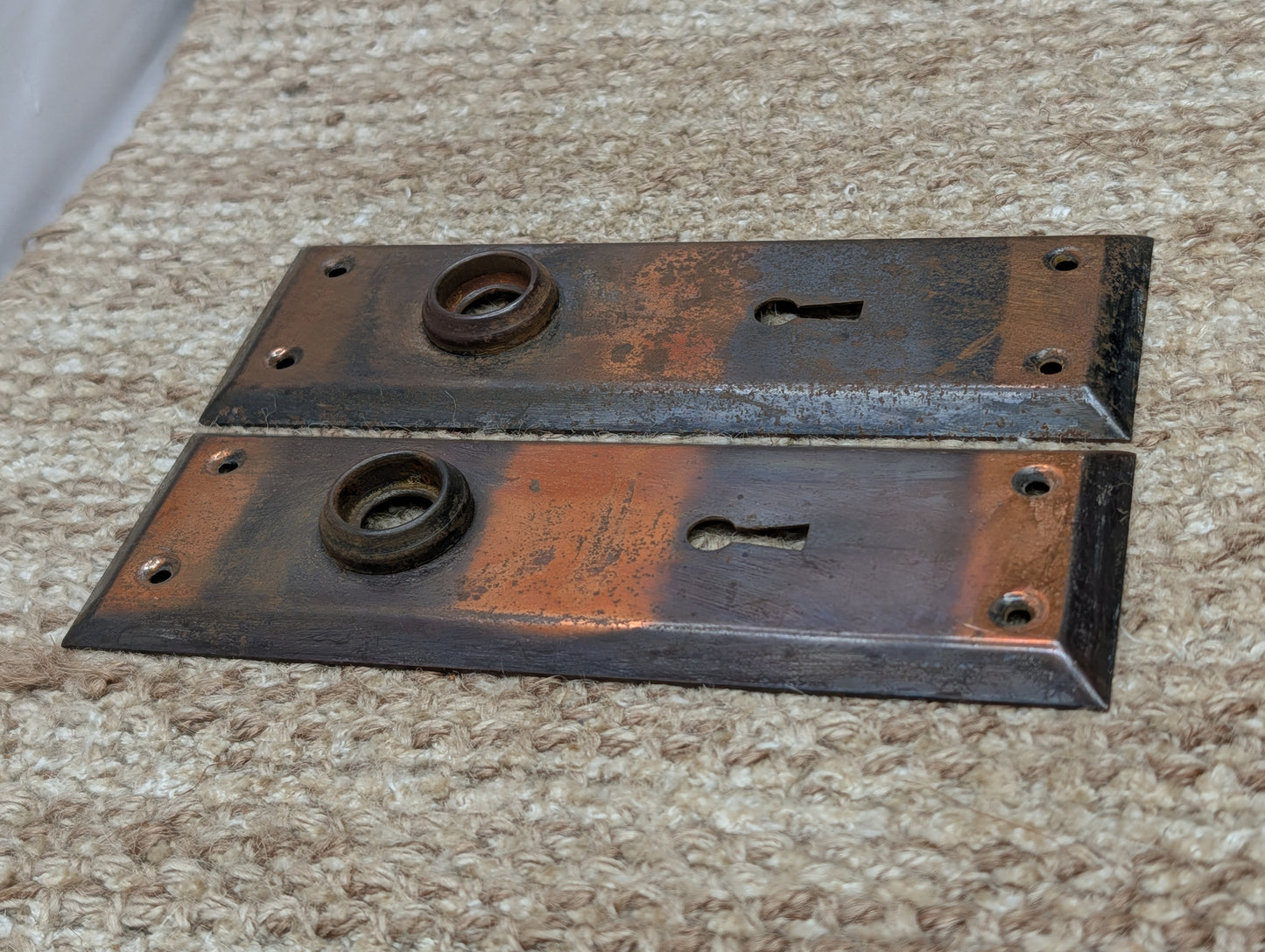 Pair 2 1/4" x 7" Antique Japanned Stamped Steel Door Knob Plates