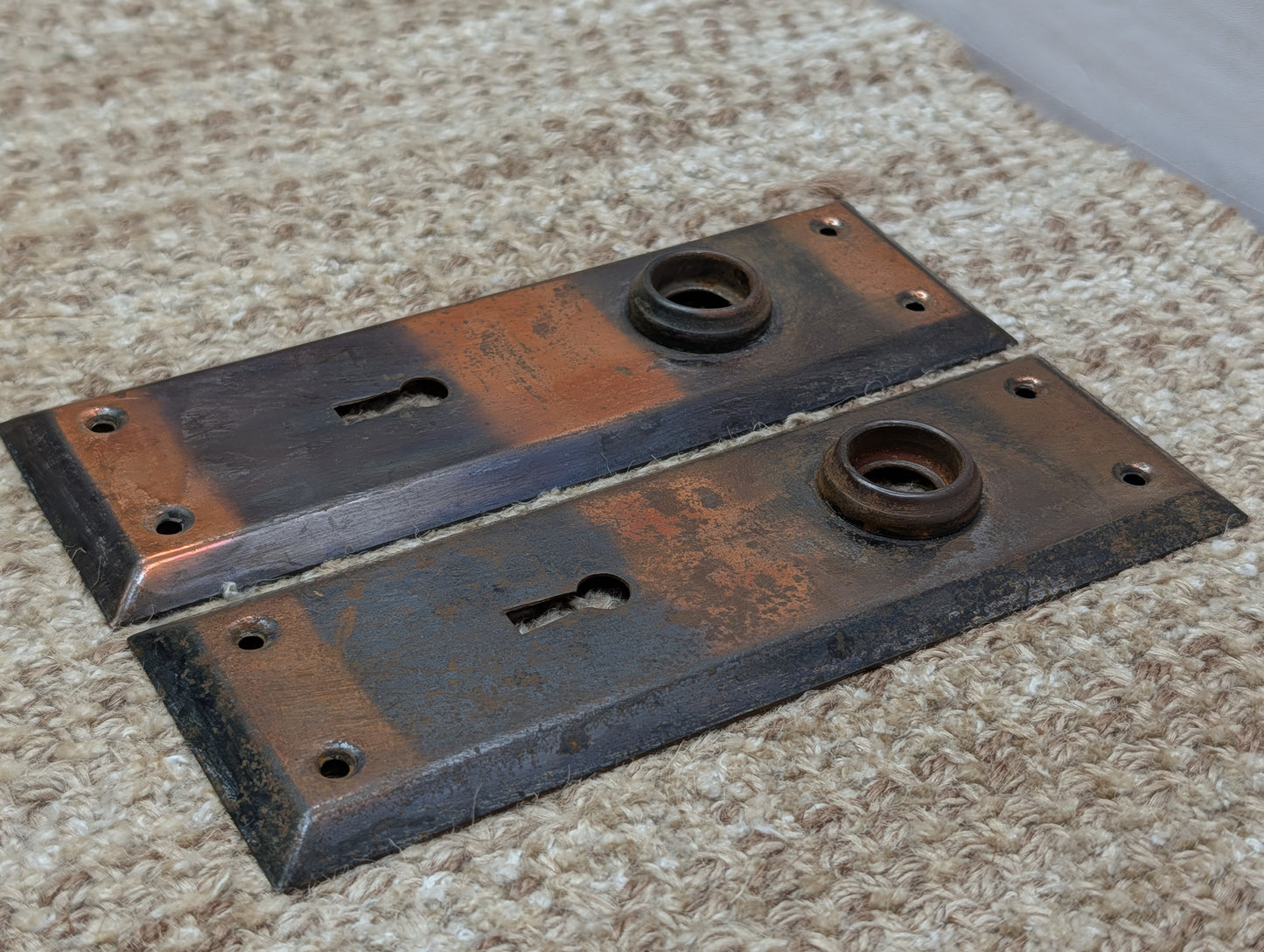 Pair 2 1/4" x 7" Antique Japanned Stamped Steel Door Knob Plates