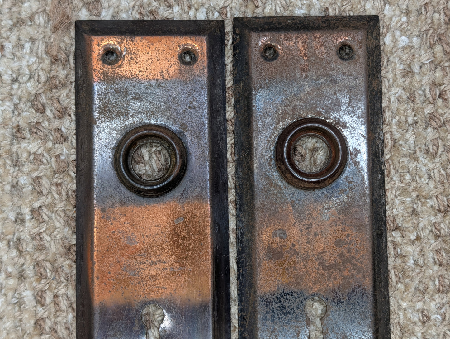 Pair 2 1/4" x 7" Antique Japanned Stamped Steel Door Knob Plates