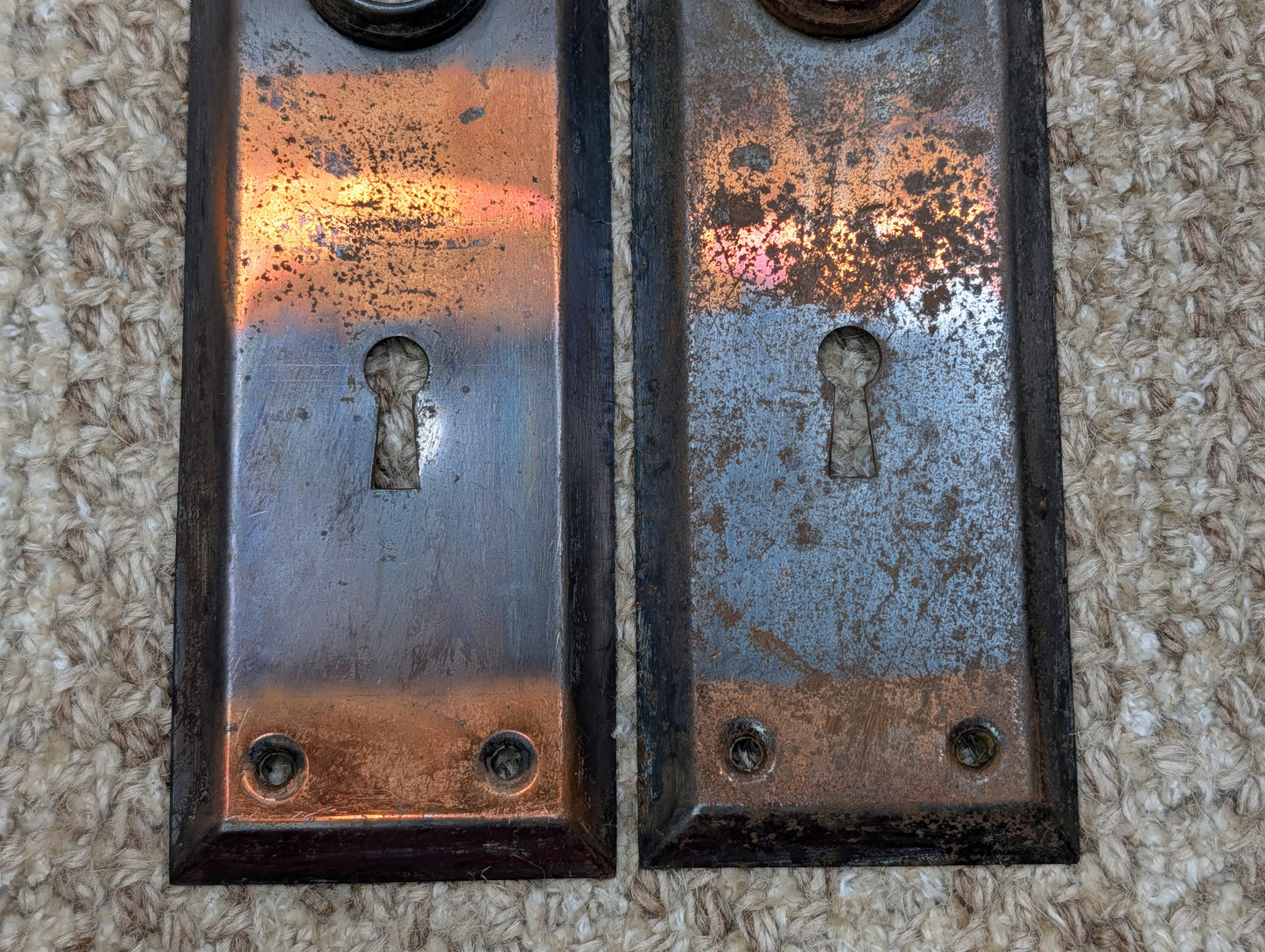 Pair 2 1/4" x 7" Antique Japanned Stamped Steel Door Knob Plates
