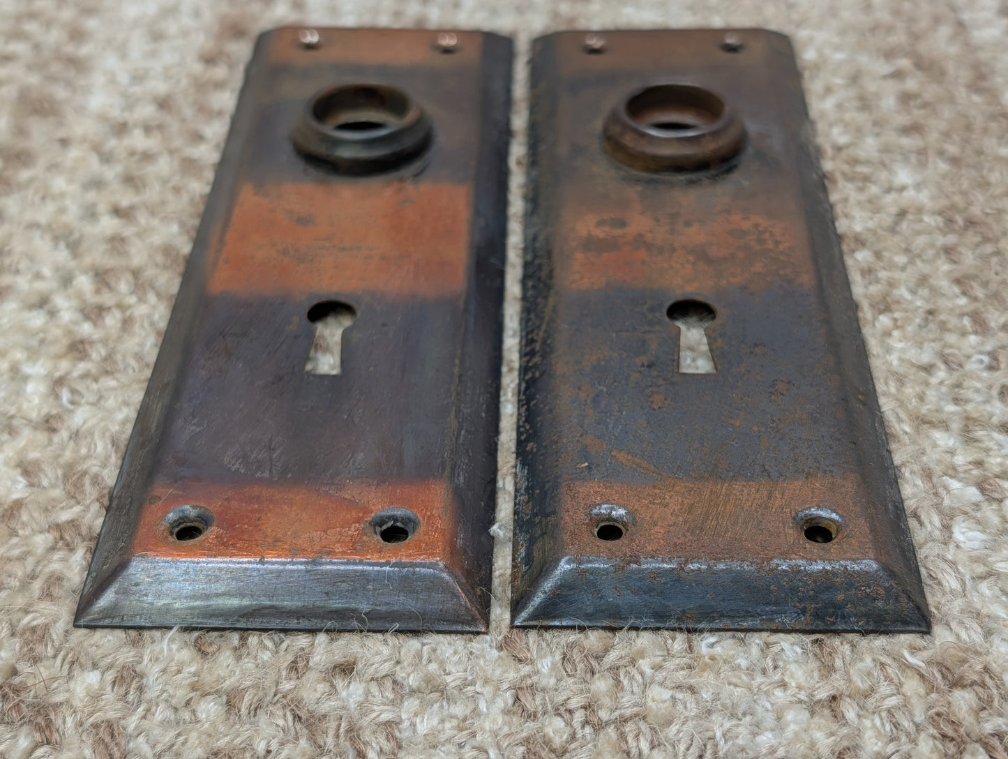 Pair 2 1/4" x 7" Antique Japanned Stamped Steel Door Knob Plates