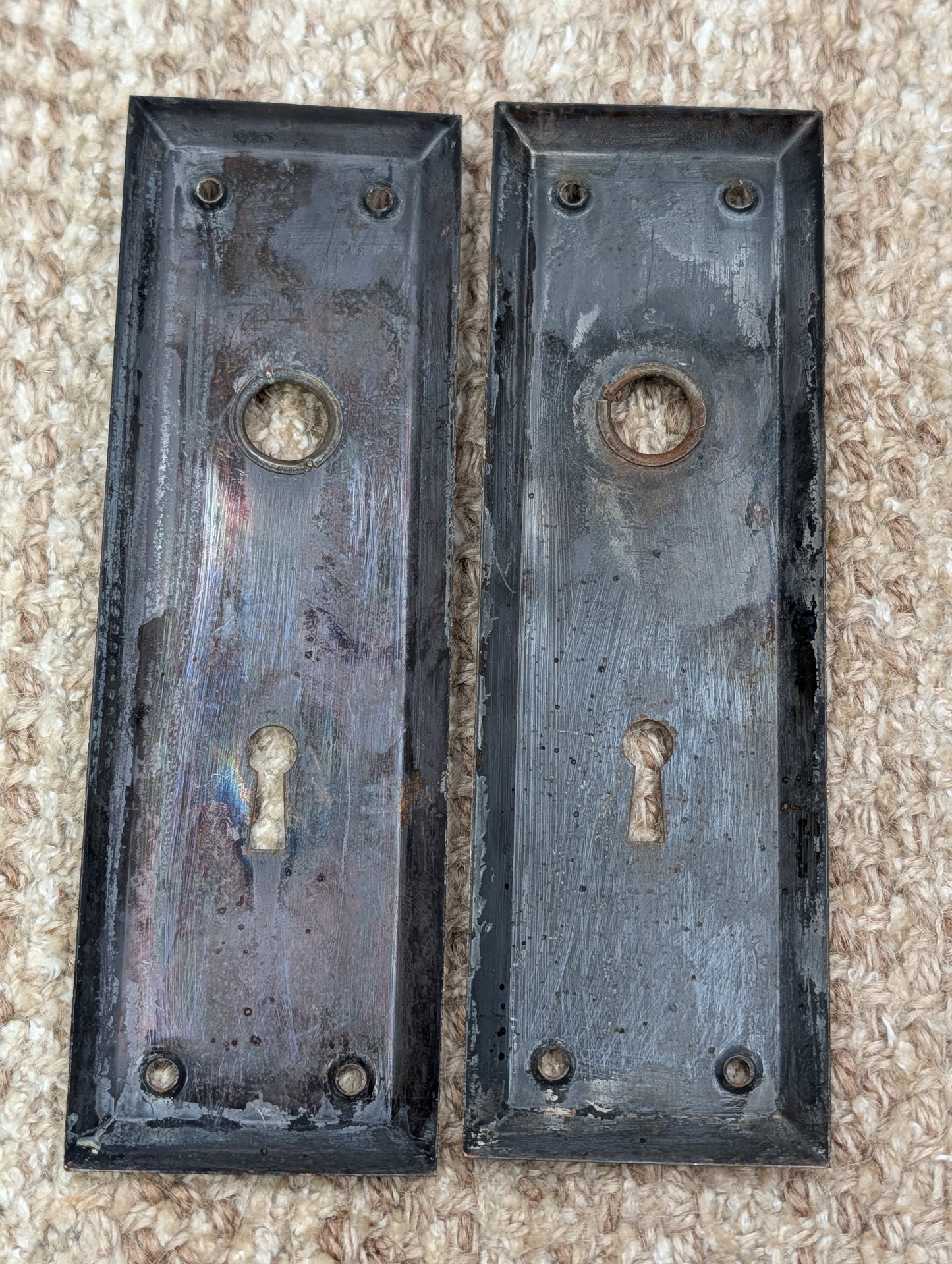 Pair 2 1/4" x 7" Antique Japanned Stamped Steel Door Knob Plates