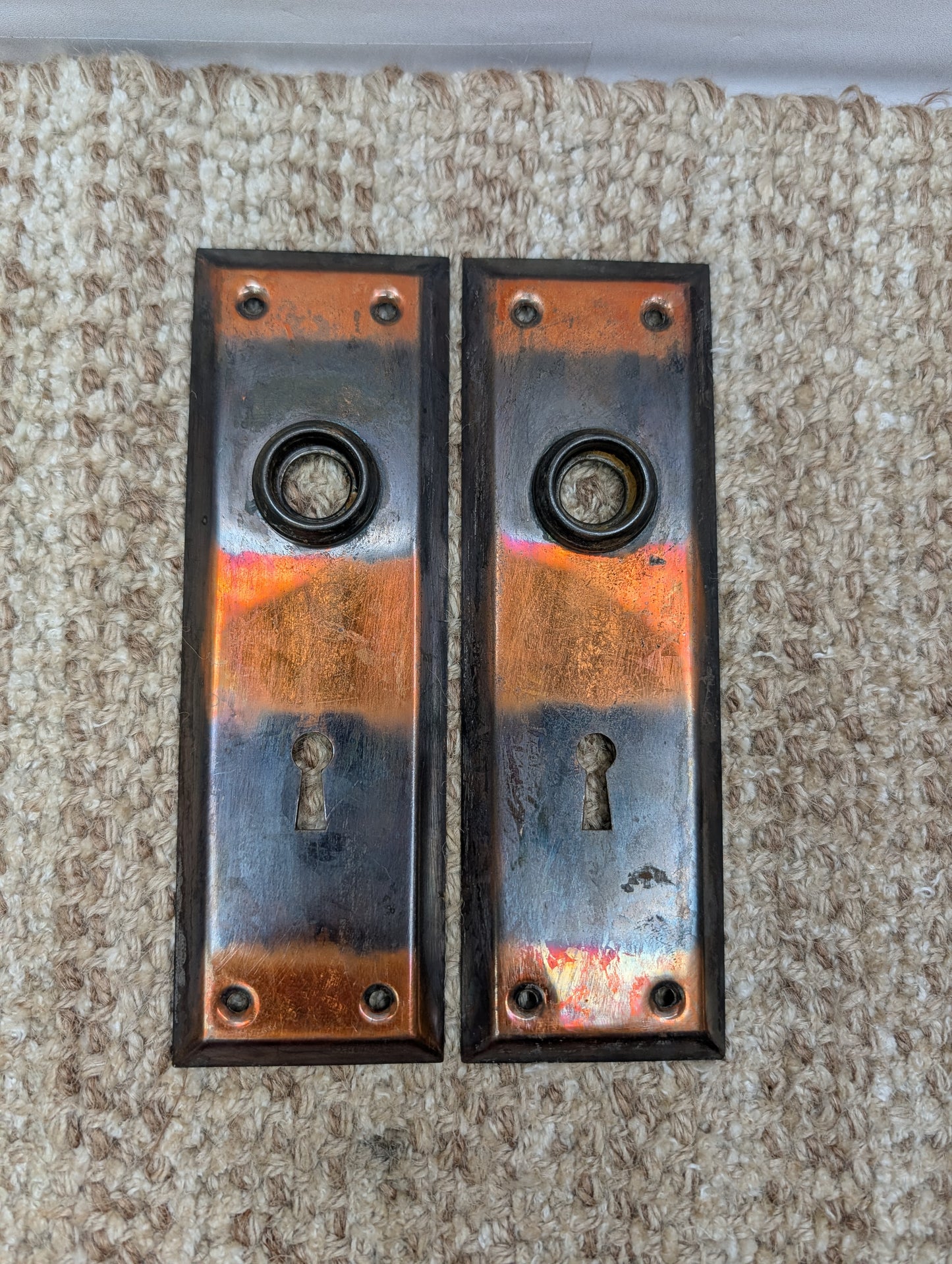 Pair 2 1/4" x 7" Antique Japanned Stamped Steel Door Knob Plates