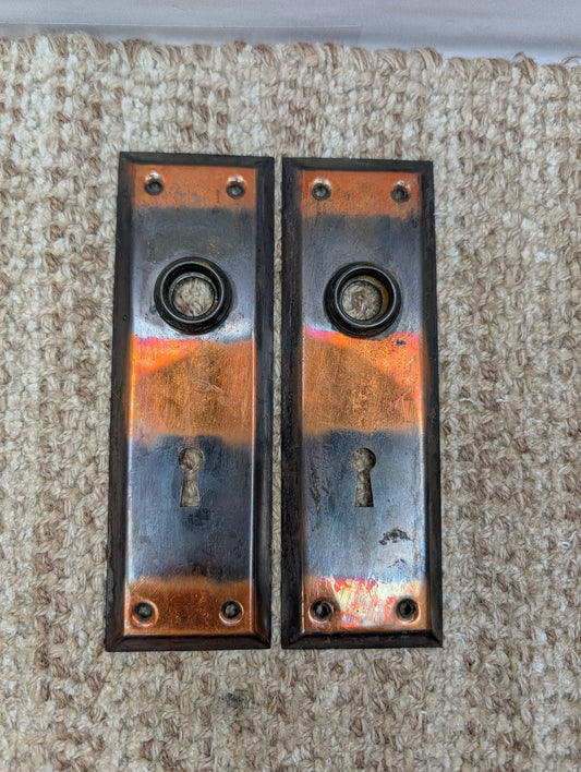 Pair 2 1/4" x 7" Antique Japanned Stamped Steel Door Knob Plates