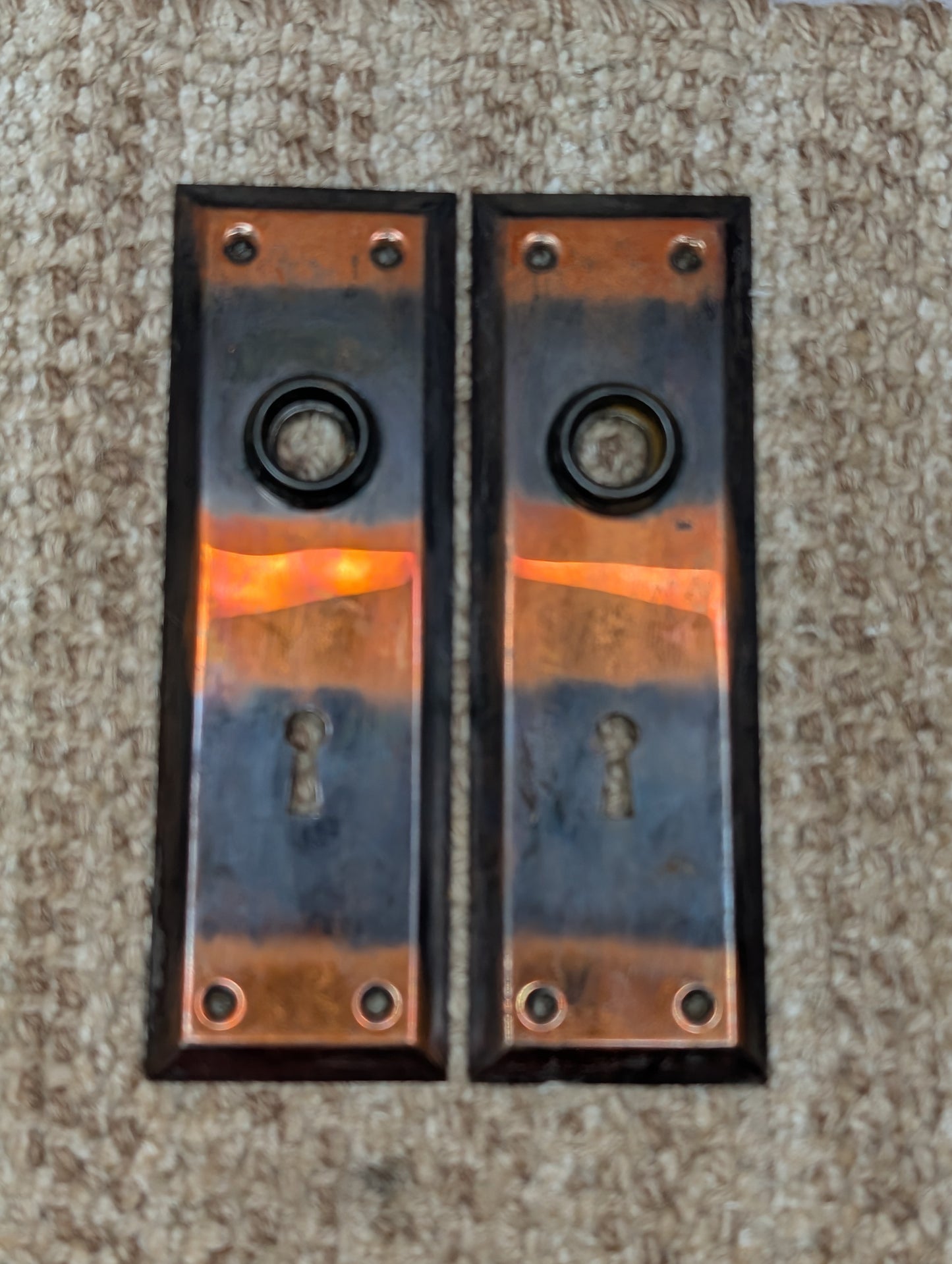 Pair 2 1/4" x 7" Antique Japanned Stamped Steel Door Knob Plates