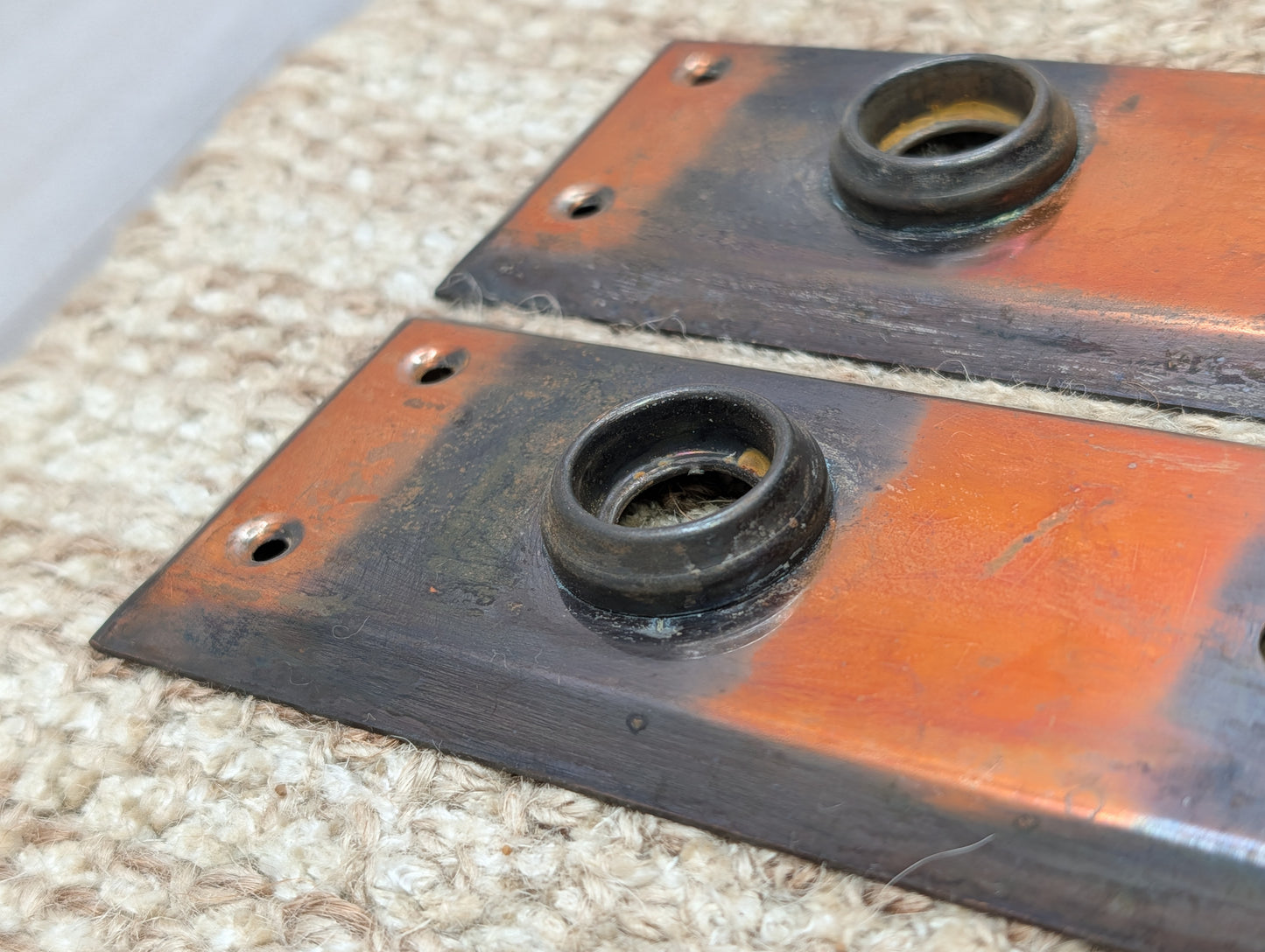 Pair 2 1/4" x 7" Antique Japanned Stamped Steel Door Knob Plates