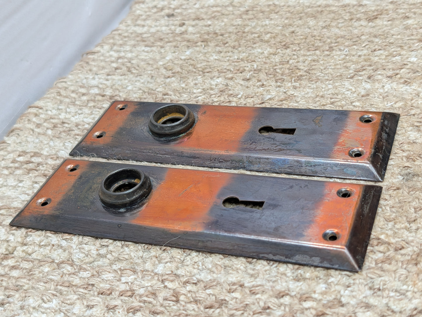 Pair 2 1/4" x 7" Antique Japanned Stamped Steel Door Knob Plates