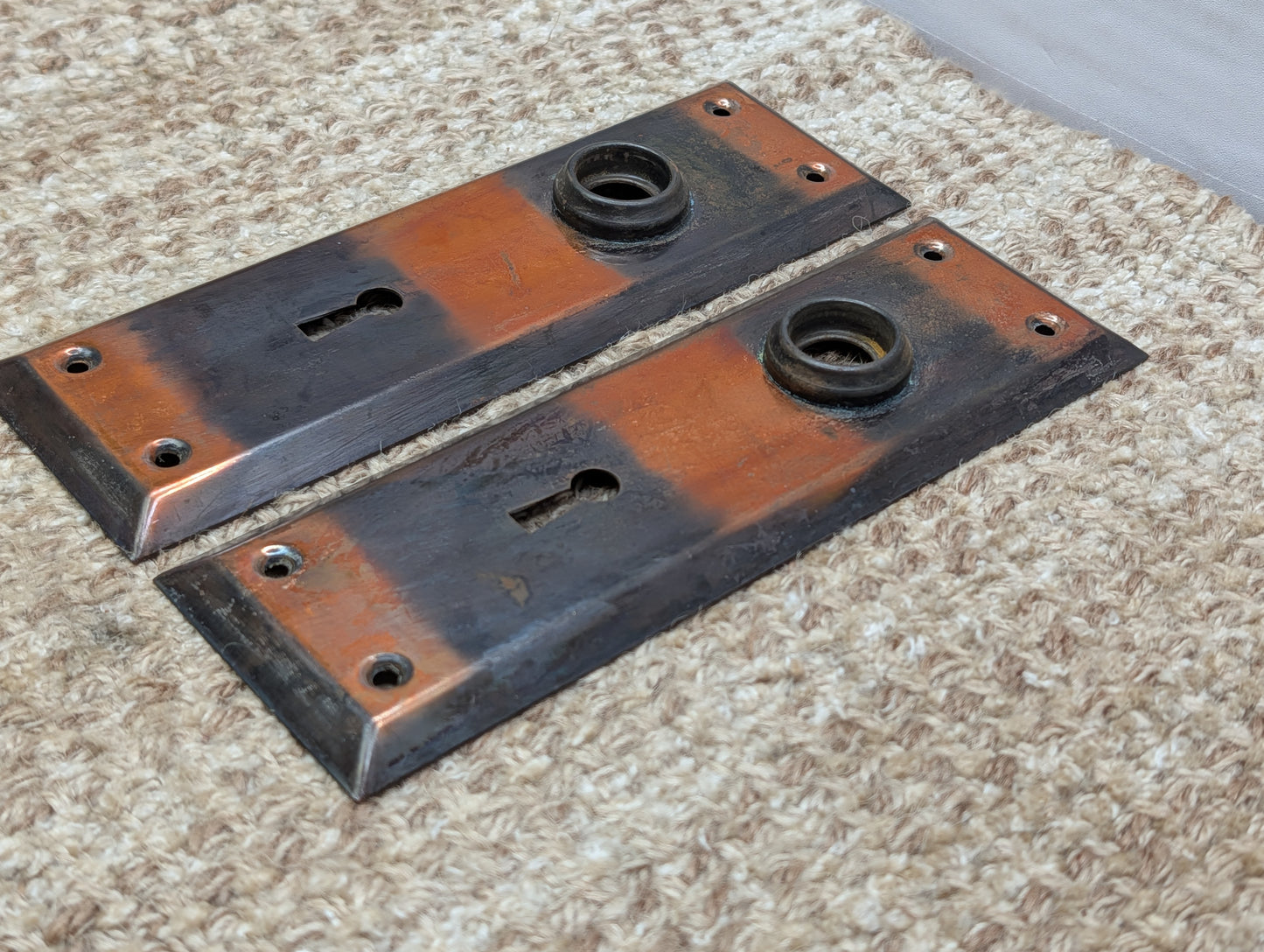 Pair 2 1/4" x 7" Antique Japanned Stamped Steel Door Knob Plates