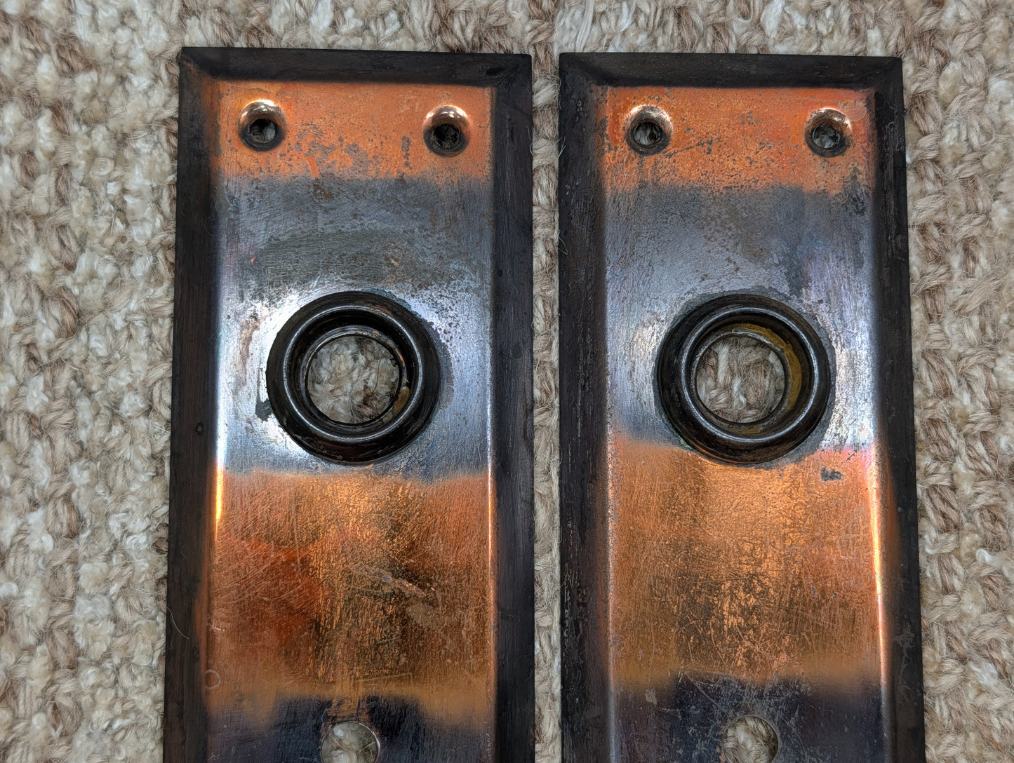 Pair 2 1/4" x 7" Antique Japanned Stamped Steel Door Knob Plates