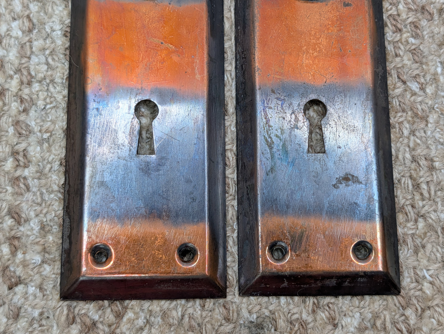 Pair 2 1/4" x 7" Antique Japanned Stamped Steel Door Knob Plates
