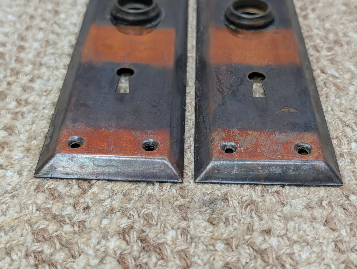Pair 2 1/4" x 7" Antique Japanned Stamped Steel Door Knob Plates