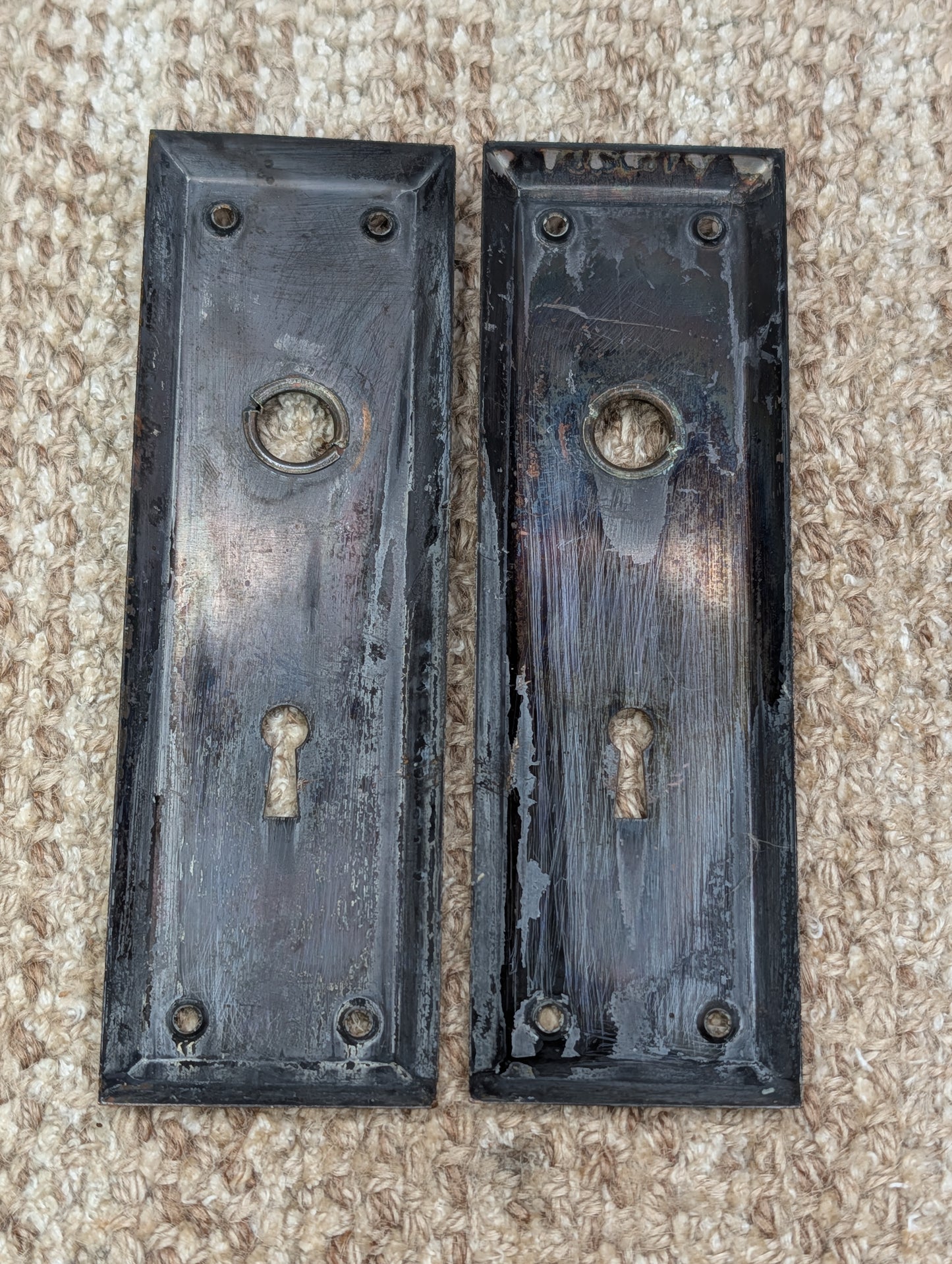 Pair 2 1/4" x 7" Antique Japanned Stamped Steel Door Knob Plates