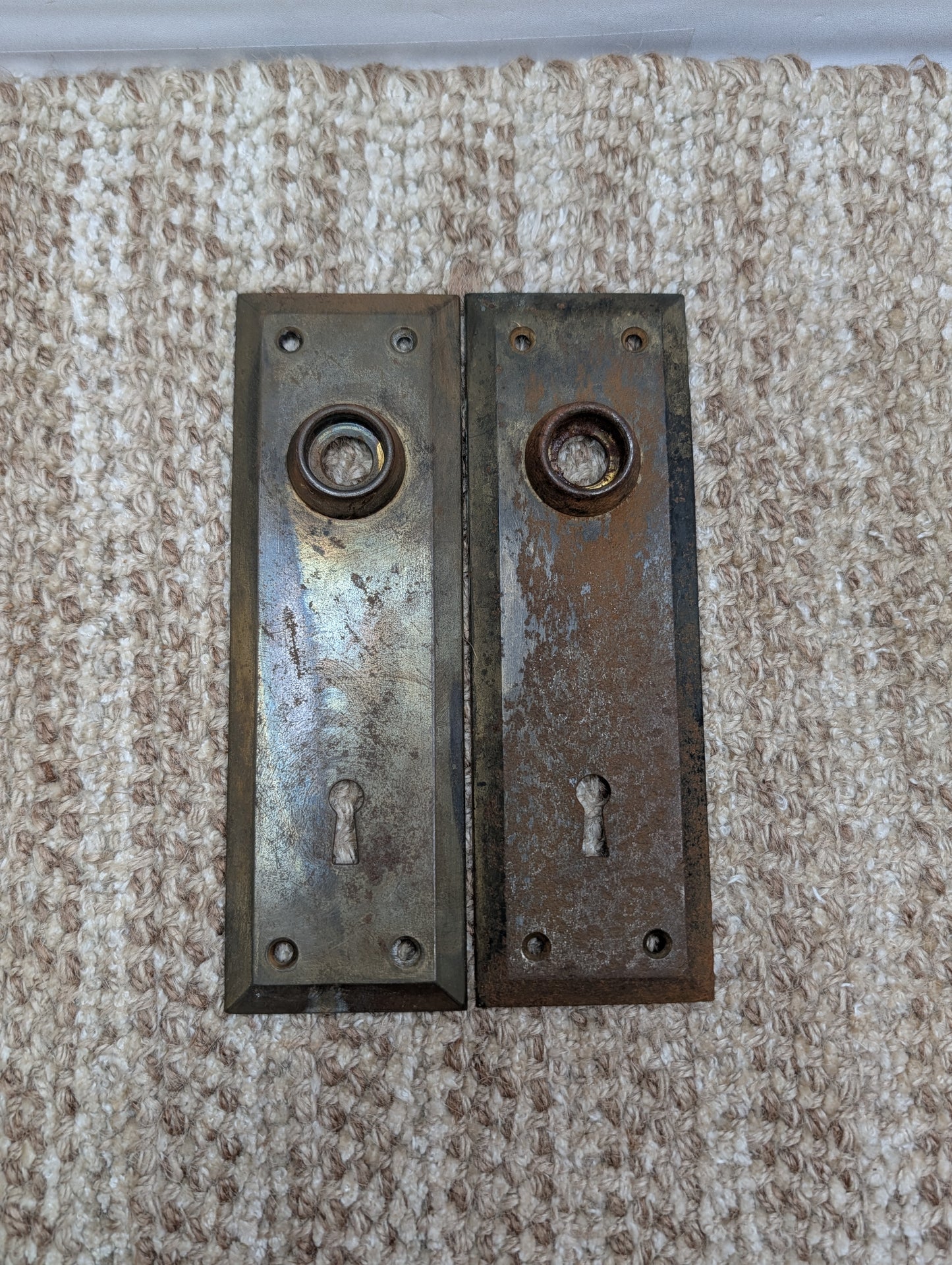 Pair 2 1/4" x 7" Antique Stamped Steel Door Knob Plates