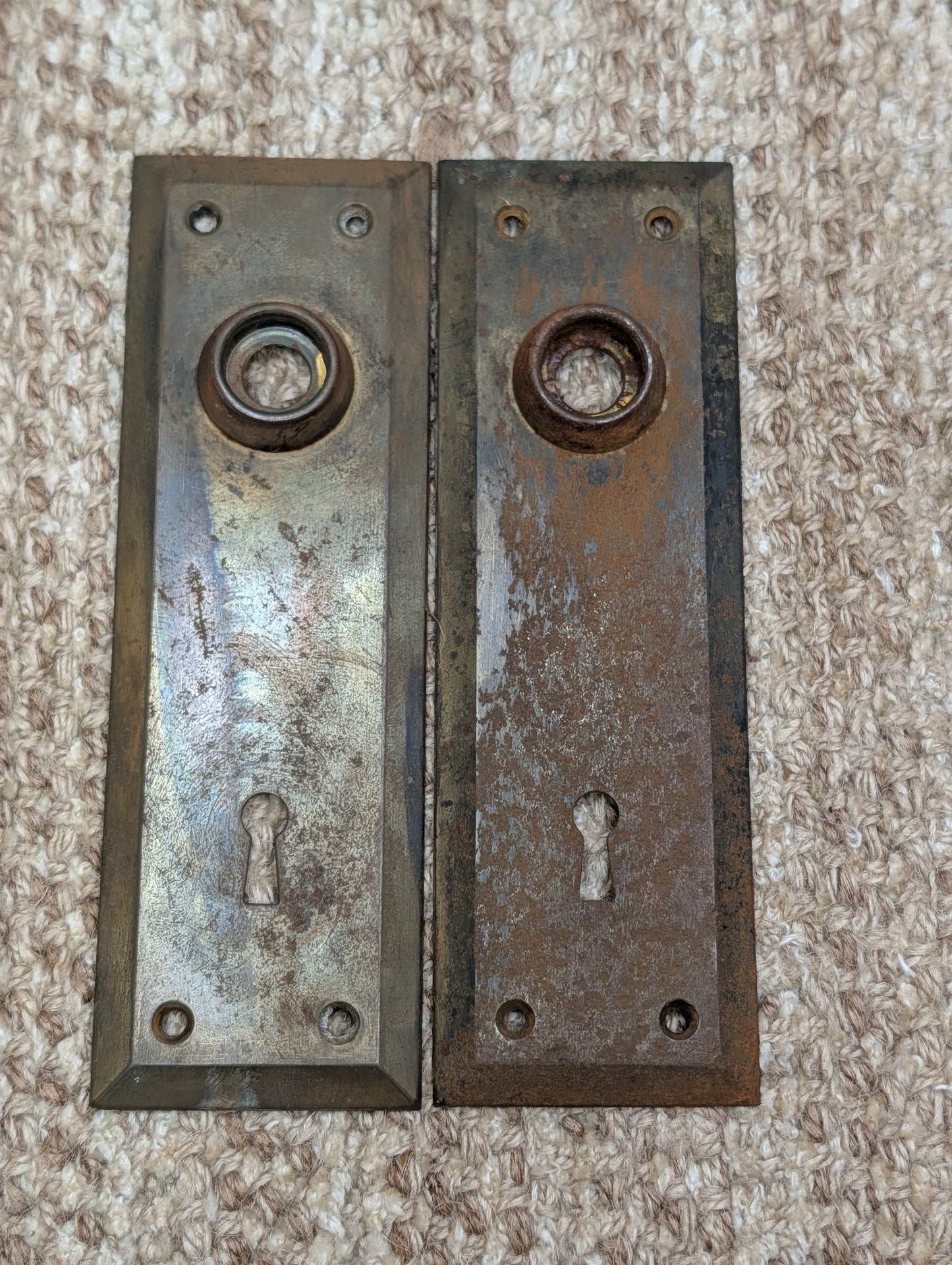 Pair 2 1/4" x 7" Antique Stamped Steel Door Knob Plates