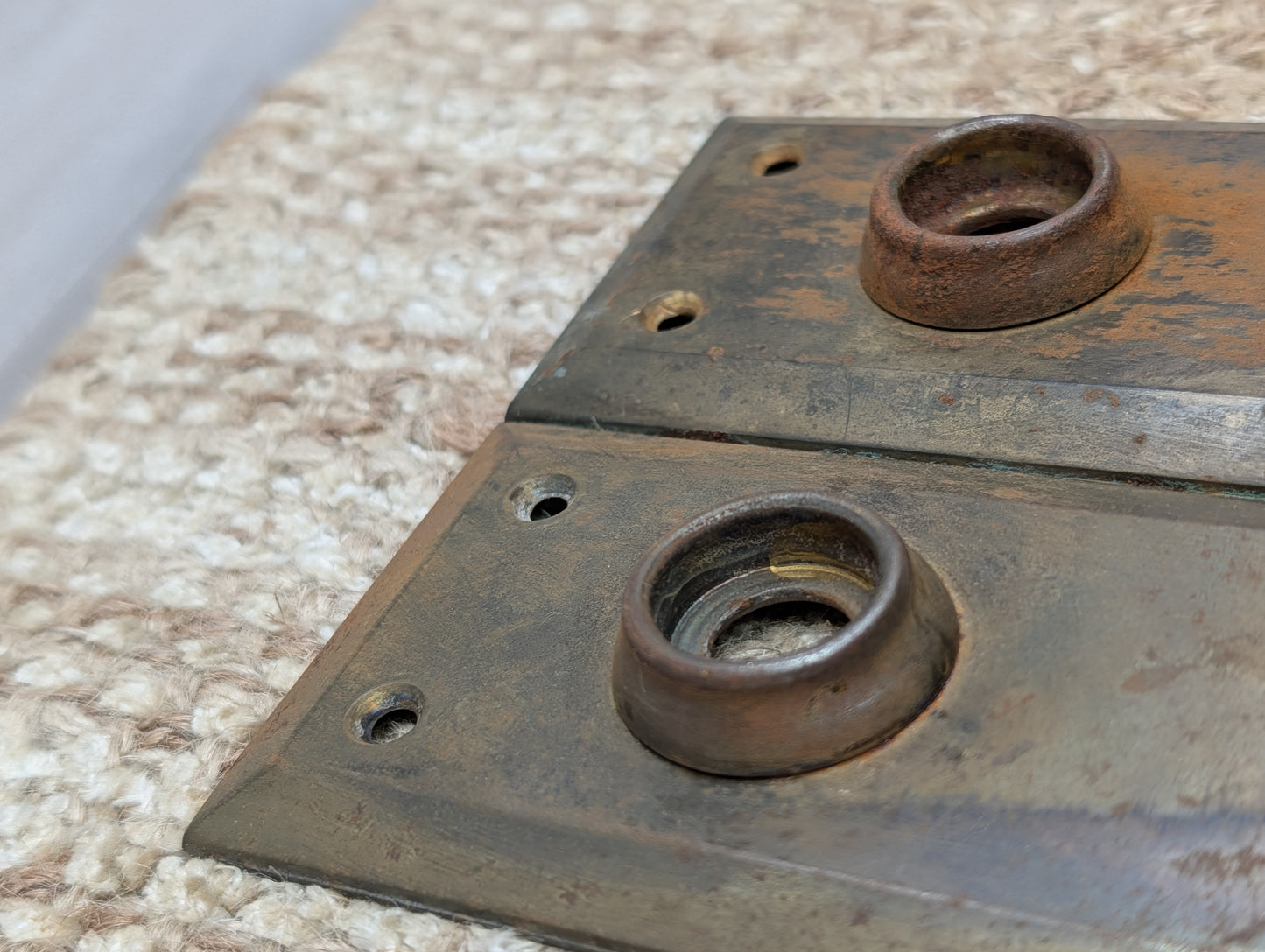 Pair 2 1/4" x 7" Antique Stamped Steel Door Knob Plates
