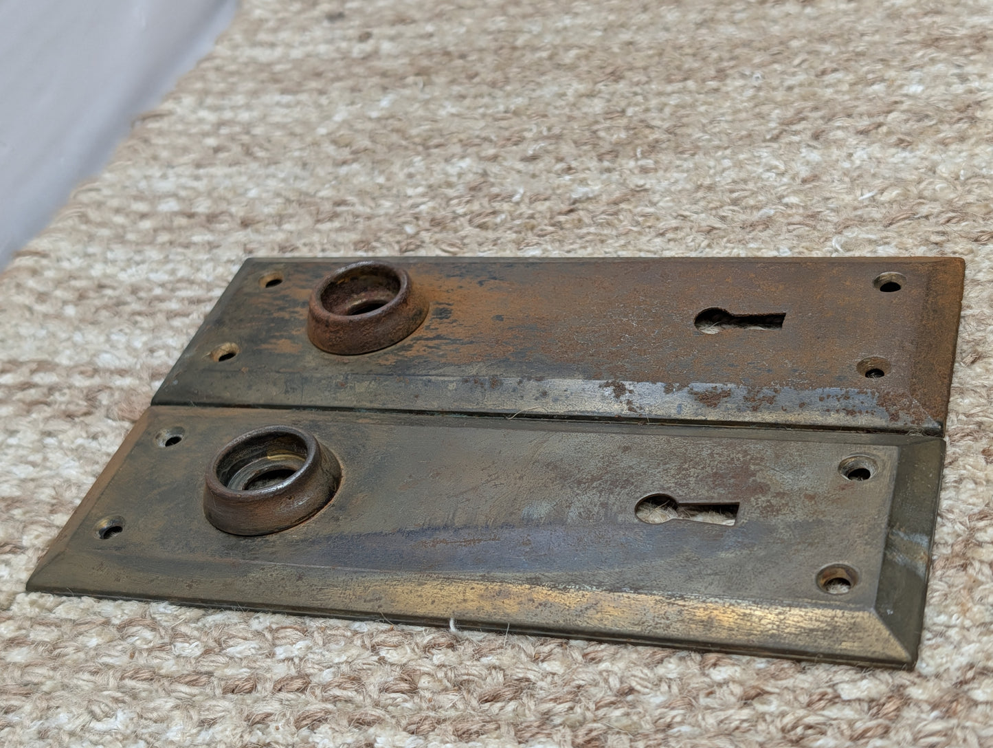 Pair 2 1/4" x 7" Antique Stamped Steel Door Knob Plates