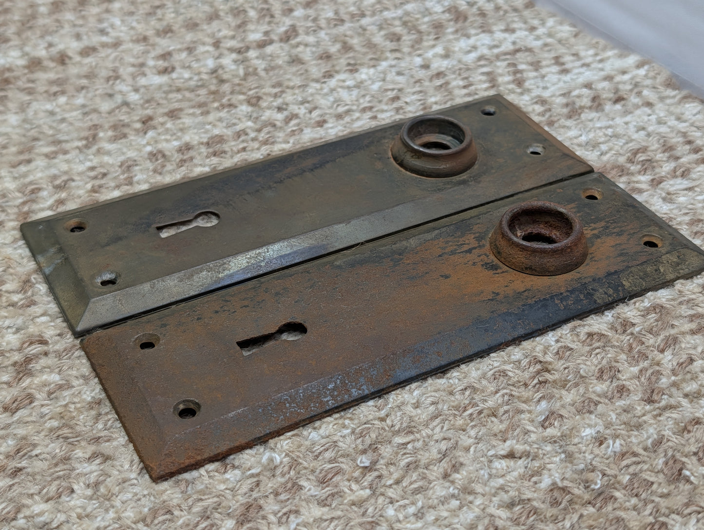 Pair 2 1/4" x 7" Antique Stamped Steel Door Knob Plates