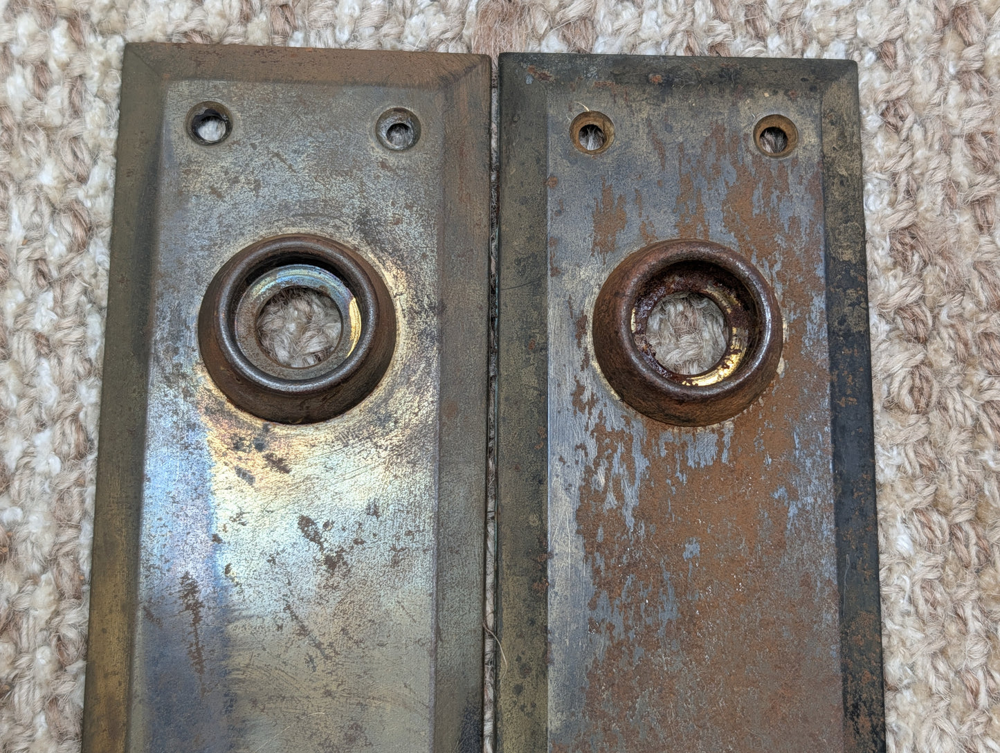 Pair 2 1/4" x 7" Antique Stamped Steel Door Knob Plates