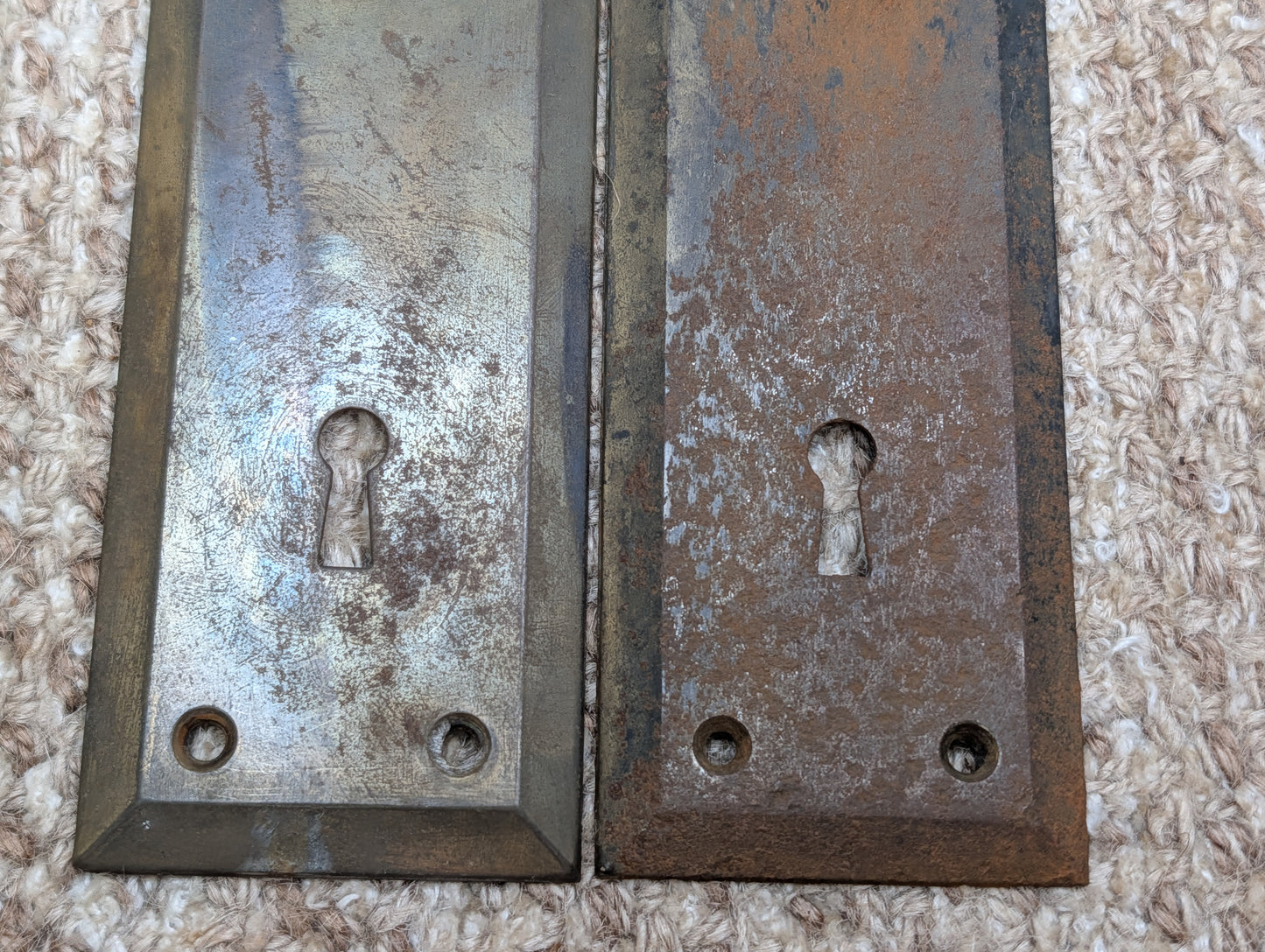 Pair 2 1/4" x 7" Antique Stamped Steel Door Knob Plates