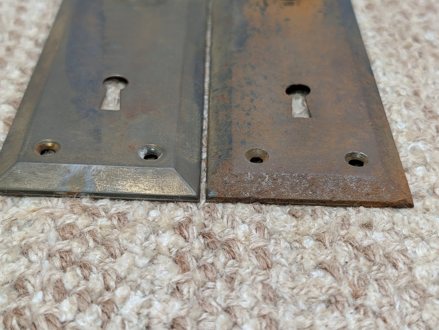 Pair 2 1/4" x 7" Antique Stamped Steel Door Knob Plates