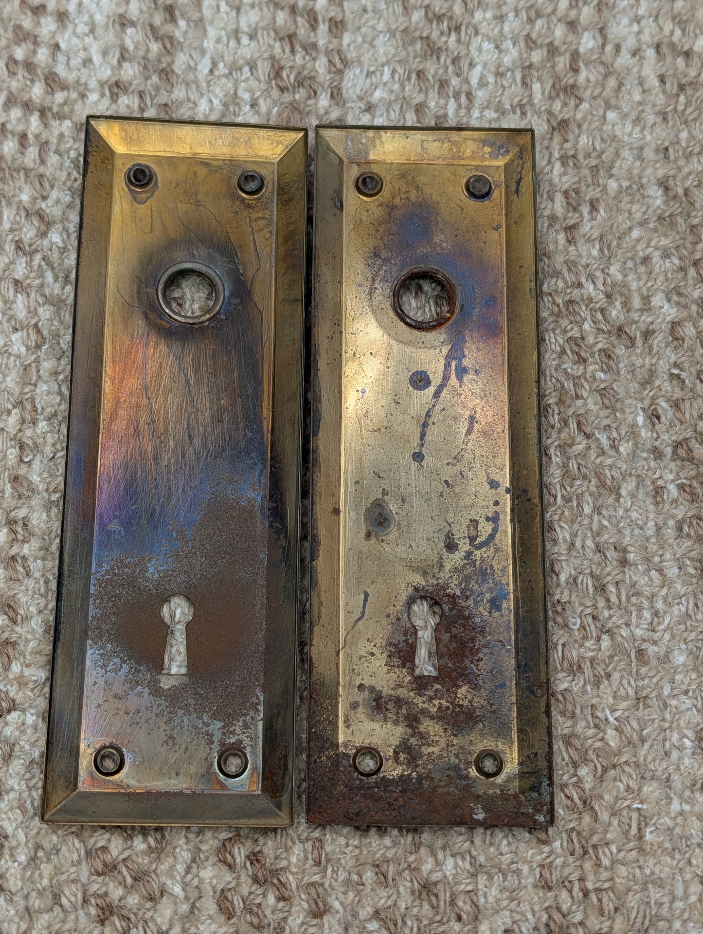 Pair 2 1/4" x 7" Antique Stamped Steel Door Knob Plates