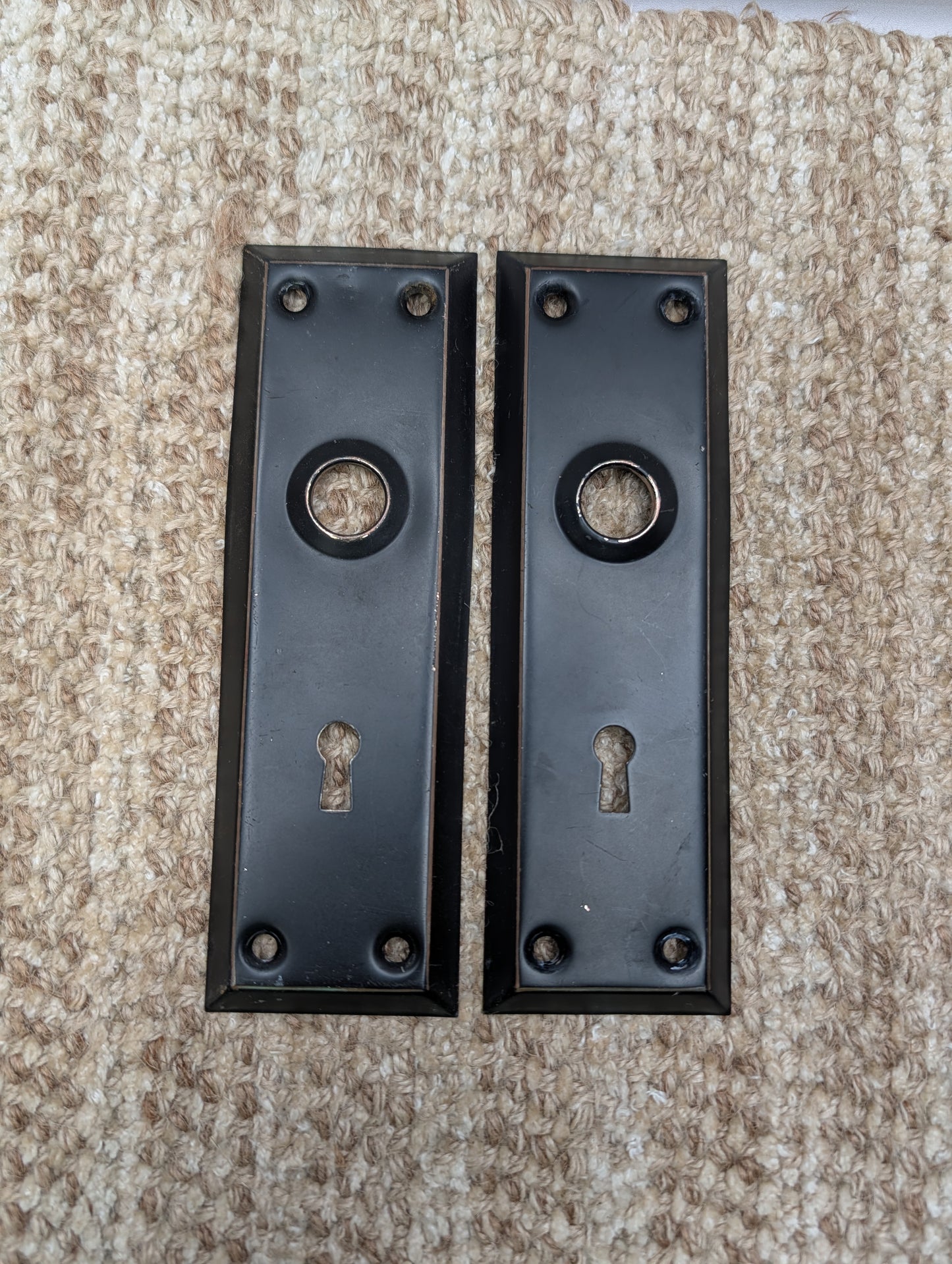 Pair 2 1/4" x 7" Antique Black Stamped Steel Door Knob Plates