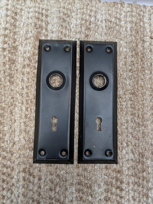 Pair 2 1/4" x 7" Antique Black Stamped Steel Door Knob Plates