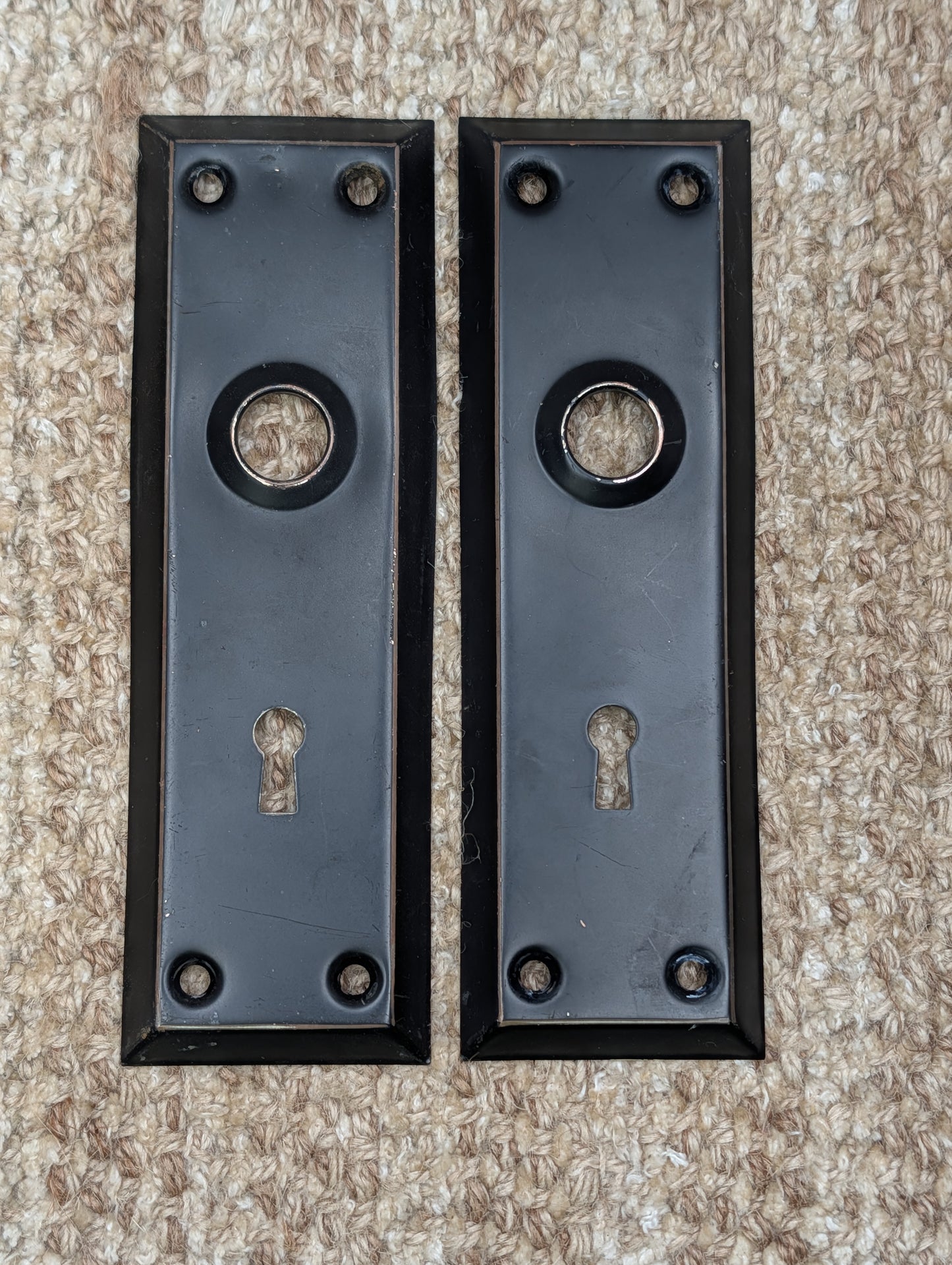 Pair 2 1/4" x 7" Antique Black Stamped Steel Door Knob Plates