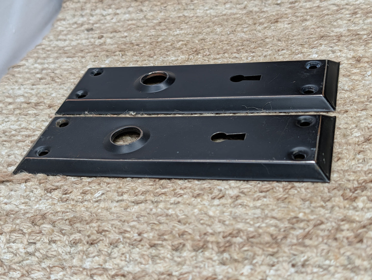 Pair 2 1/4" x 7" Antique Black Stamped Steel Door Knob Plates