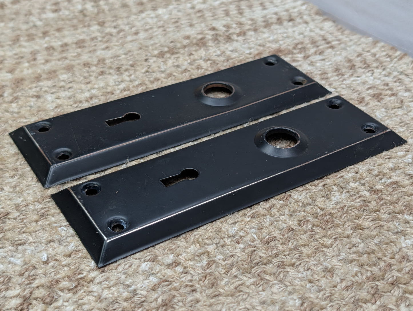 Pair 2 1/4" x 7" Antique Black Stamped Steel Door Knob Plates