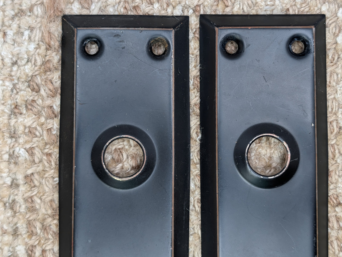 Pair 2 1/4" x 7" Antique Black Stamped Steel Door Knob Plates