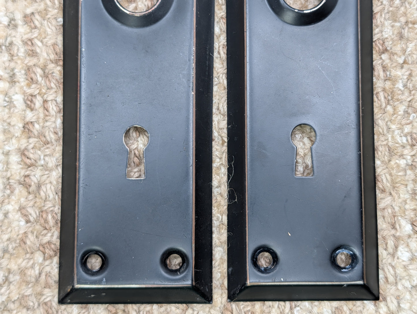 Pair 2 1/4" x 7" Antique Black Stamped Steel Door Knob Plates