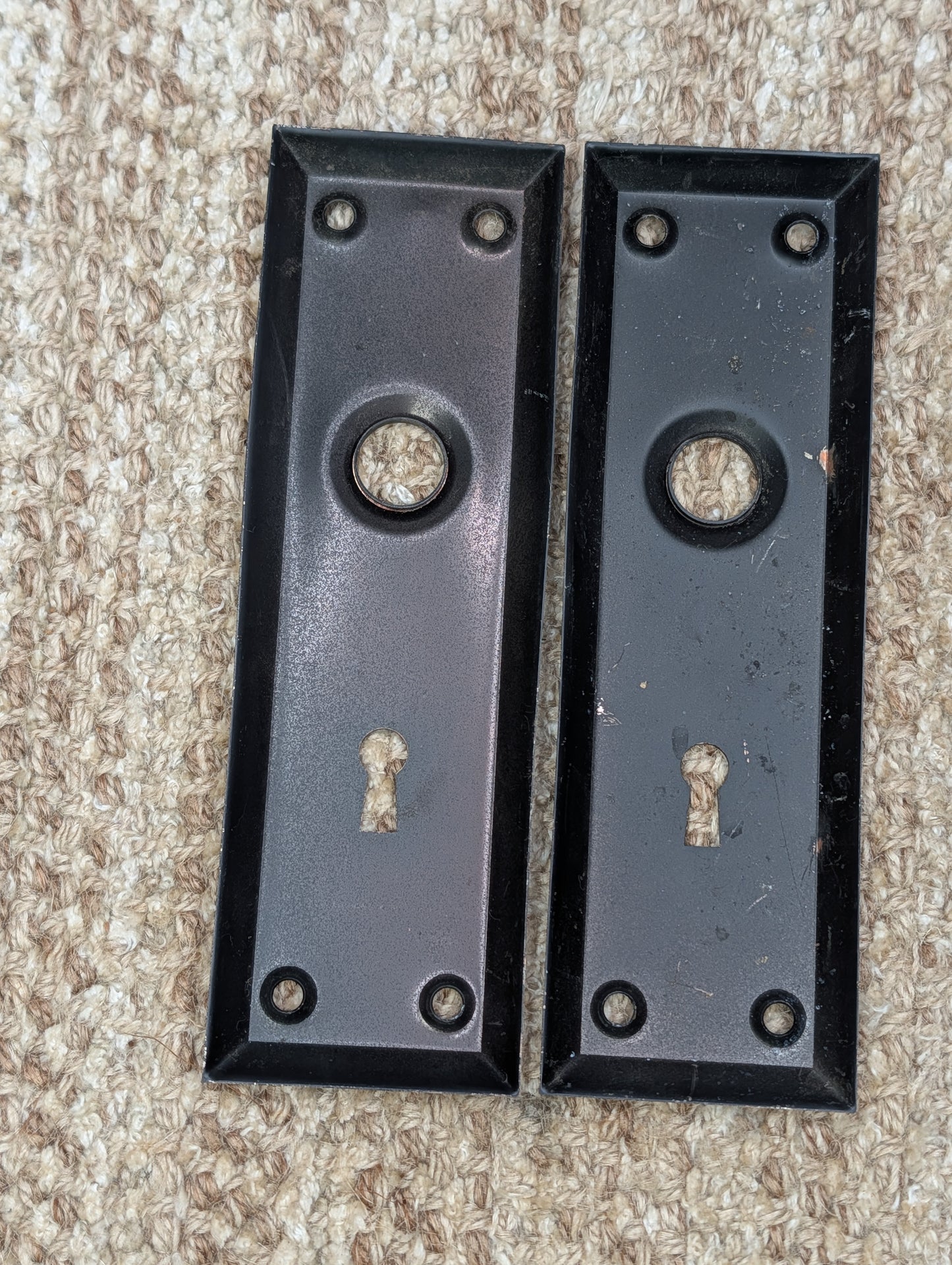 Pair 2 1/4" x 7" Antique Black Stamped Steel Door Knob Plates