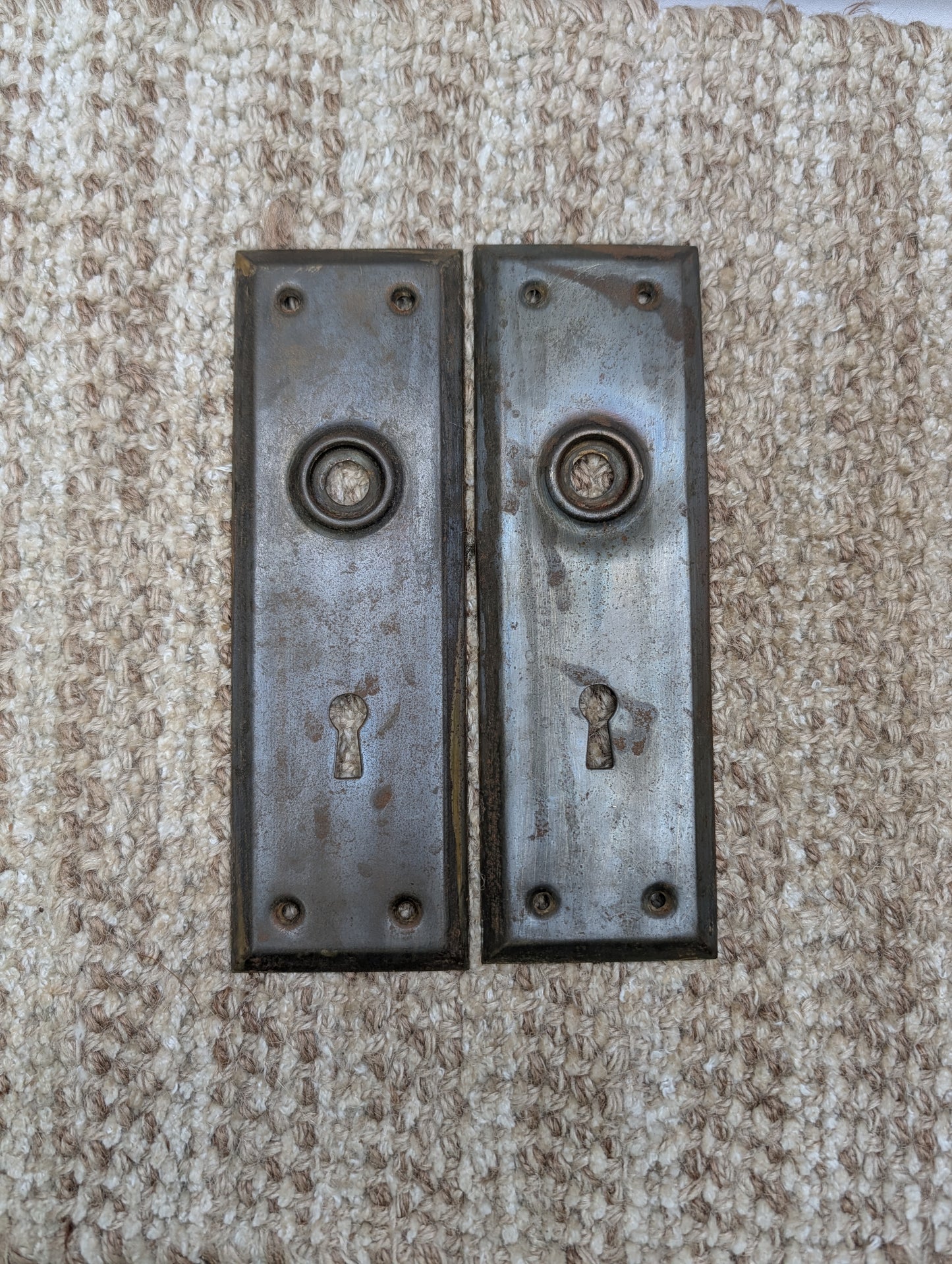 Pair 2 1/4" x 7" Antique Stamped Steel Door Knob Plates