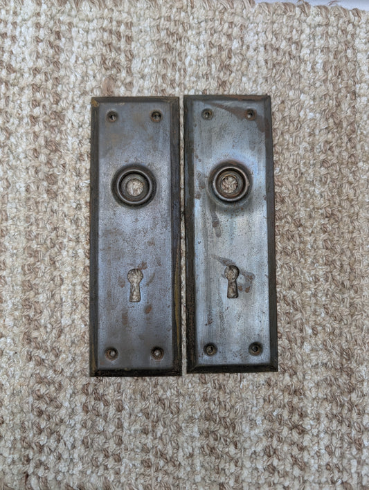Pair 2 1/4" x 7" Antique Stamped Steel Door Knob Plates