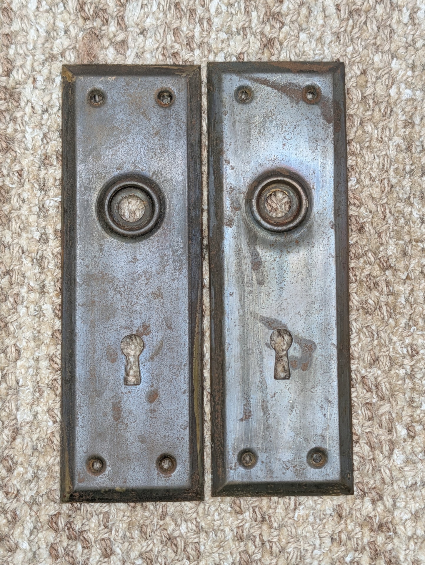 Pair 2 1/4" x 7" Antique Stamped Steel Door Knob Plates