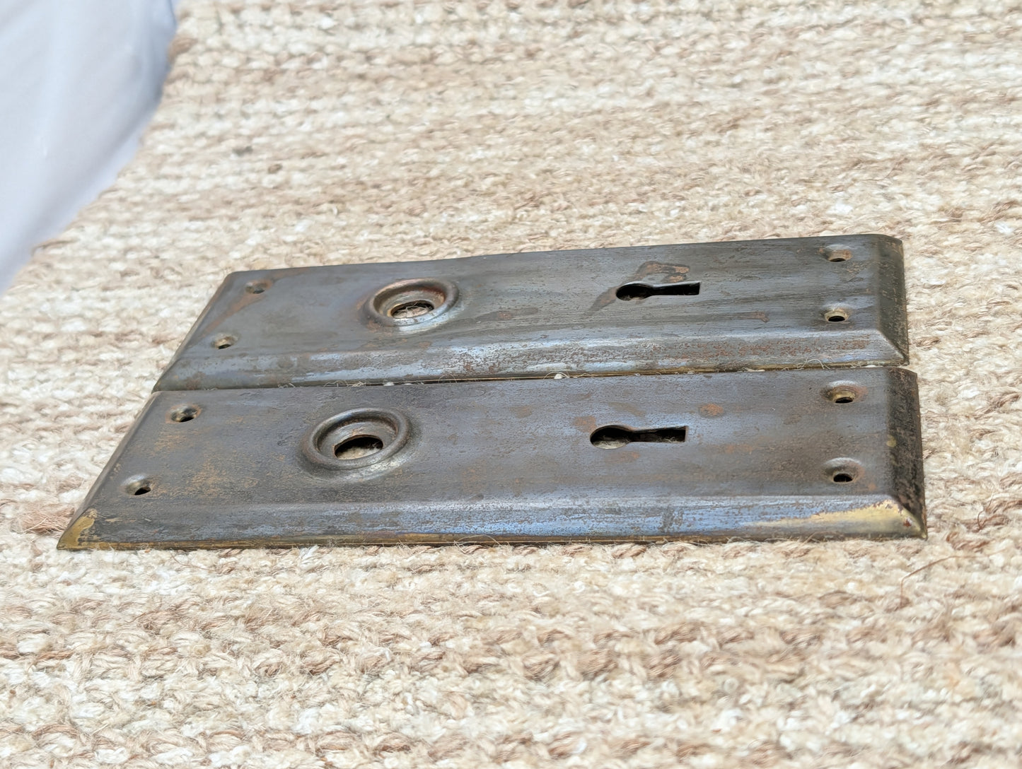 Pair 2 1/4" x 7" Antique Stamped Steel Door Knob Plates