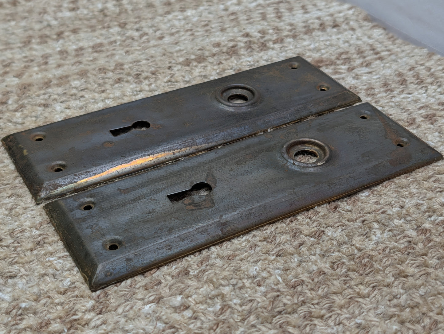 Pair 2 1/4" x 7" Antique Stamped Steel Door Knob Plates