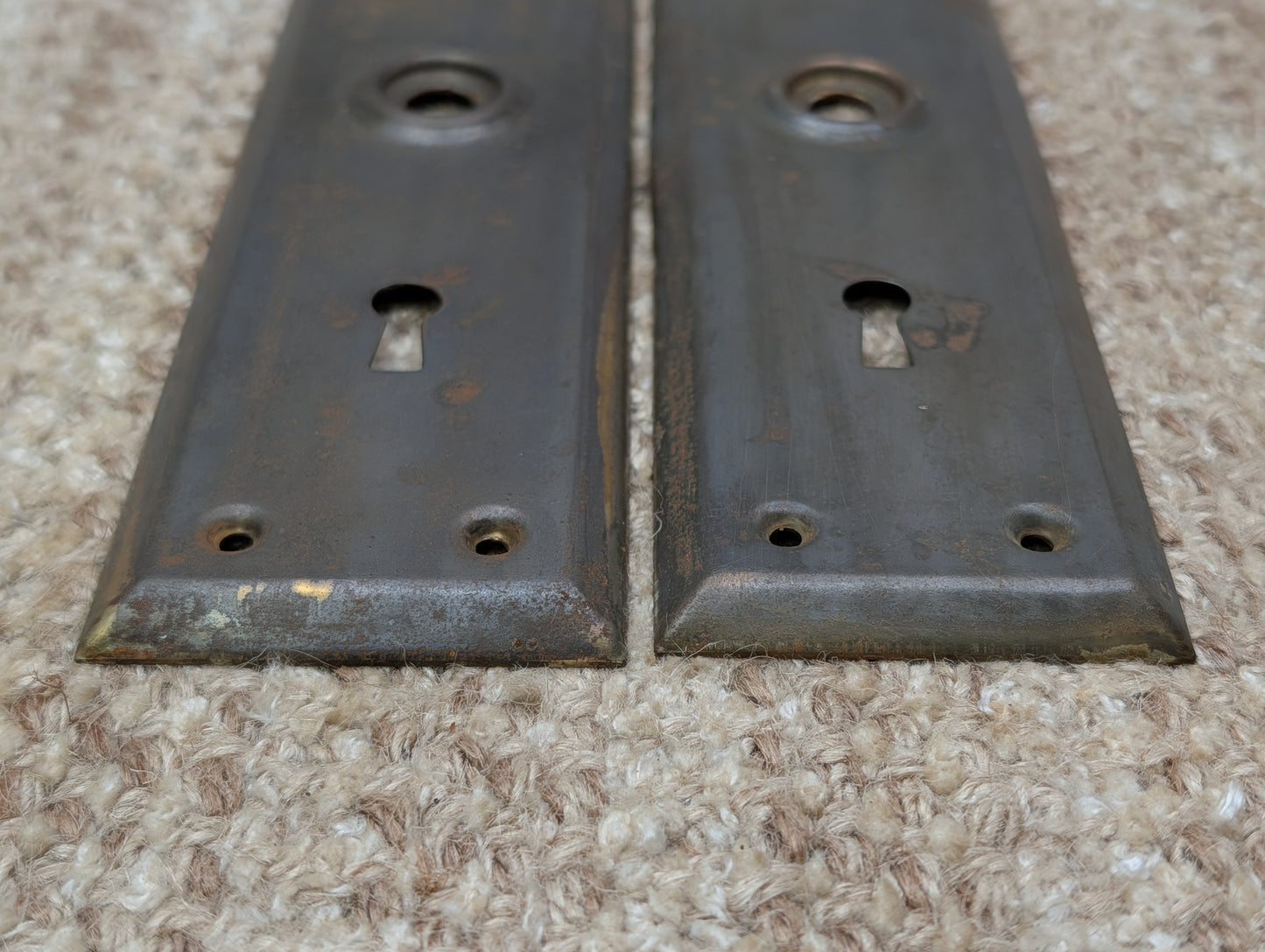 Pair 2 1/4" x 7" Antique Stamped Steel Door Knob Plates